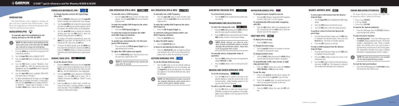 Garmin G1000 MOONEY QUICK REFERENCE CARD M20