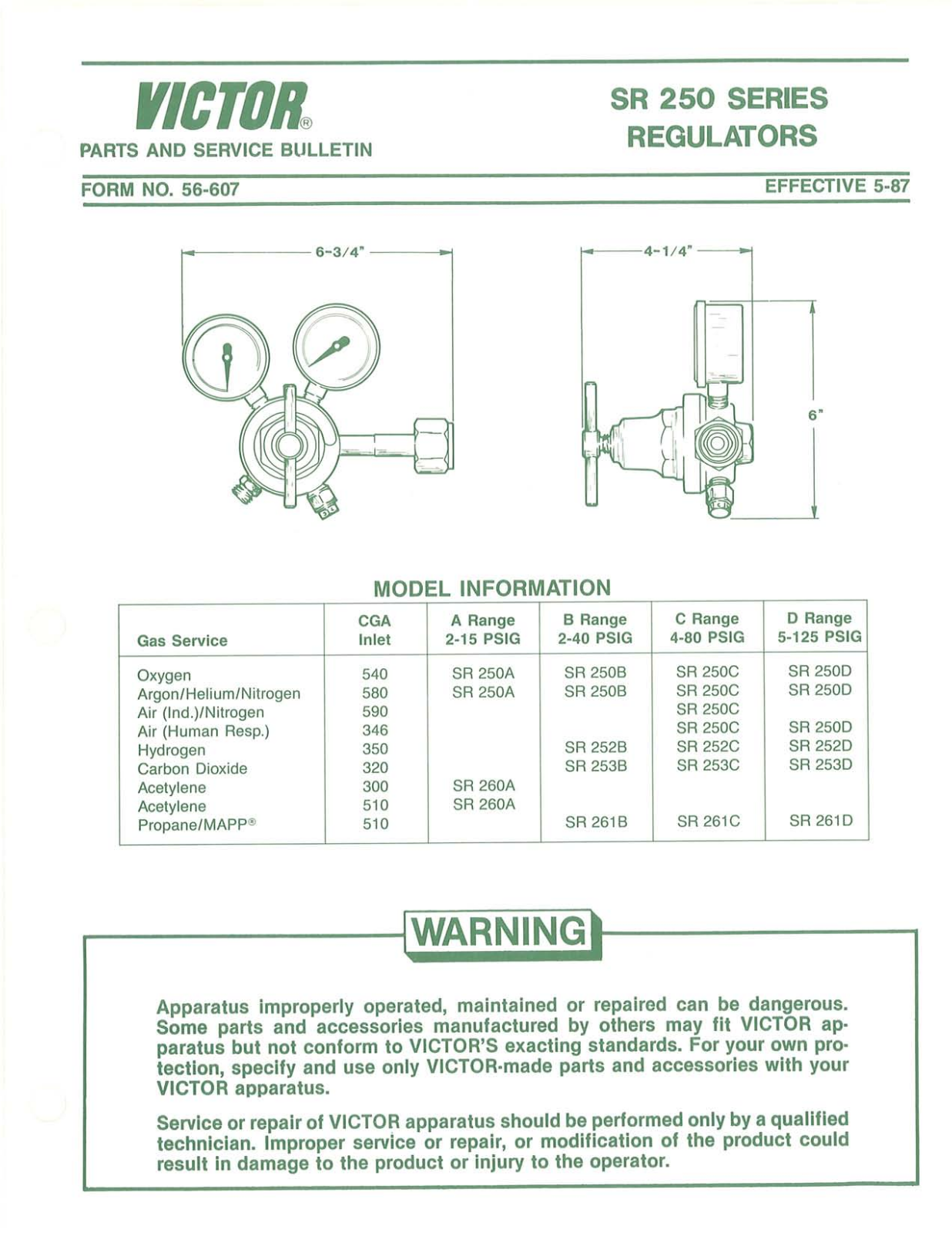 VICTOR SR 250 Series Regulators Troubleshooting instruction