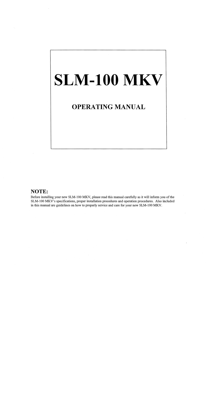 Cary Audio SLM 100MKV Owner's Manual