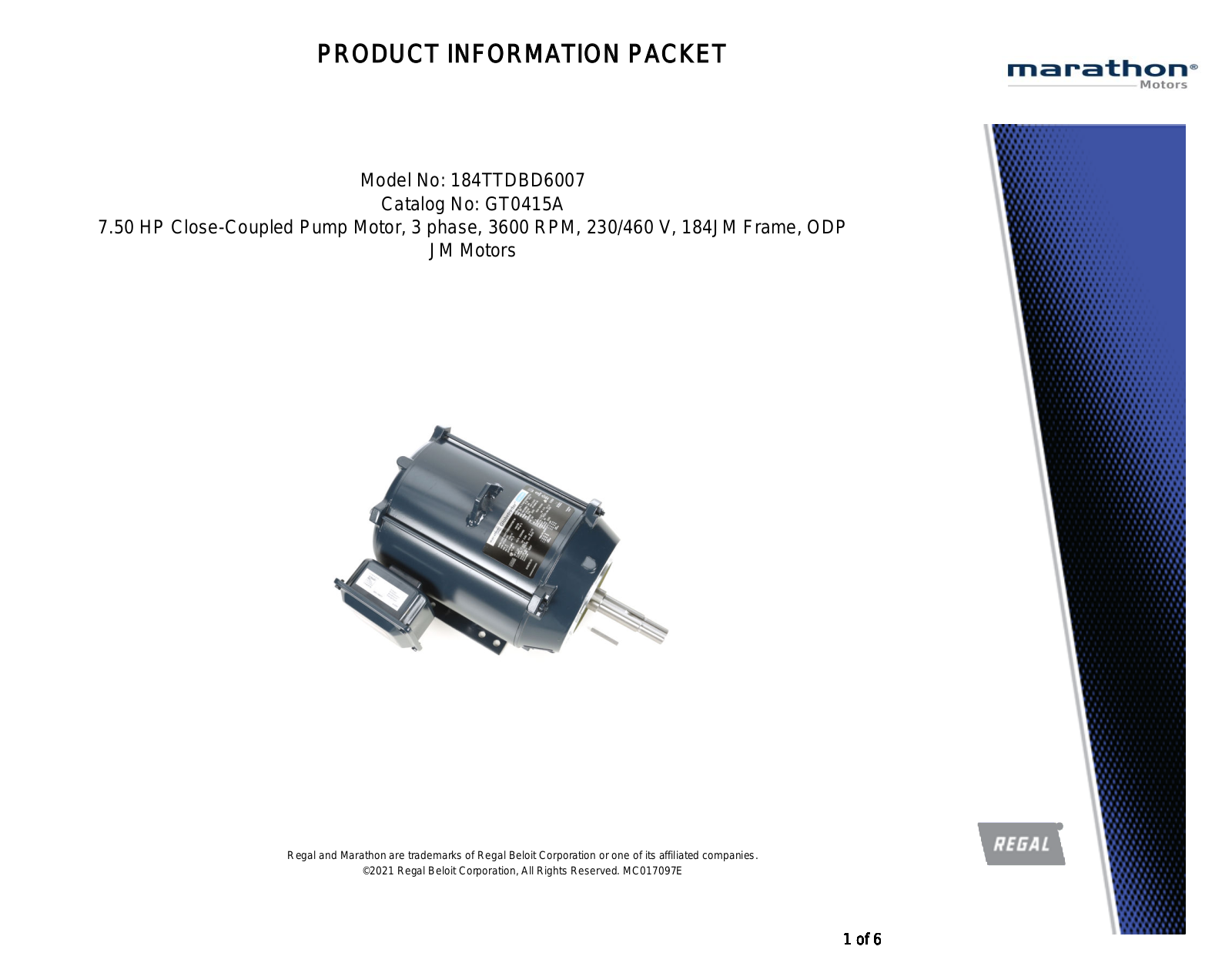 Marathon Electric GT0415A Product Information Packet