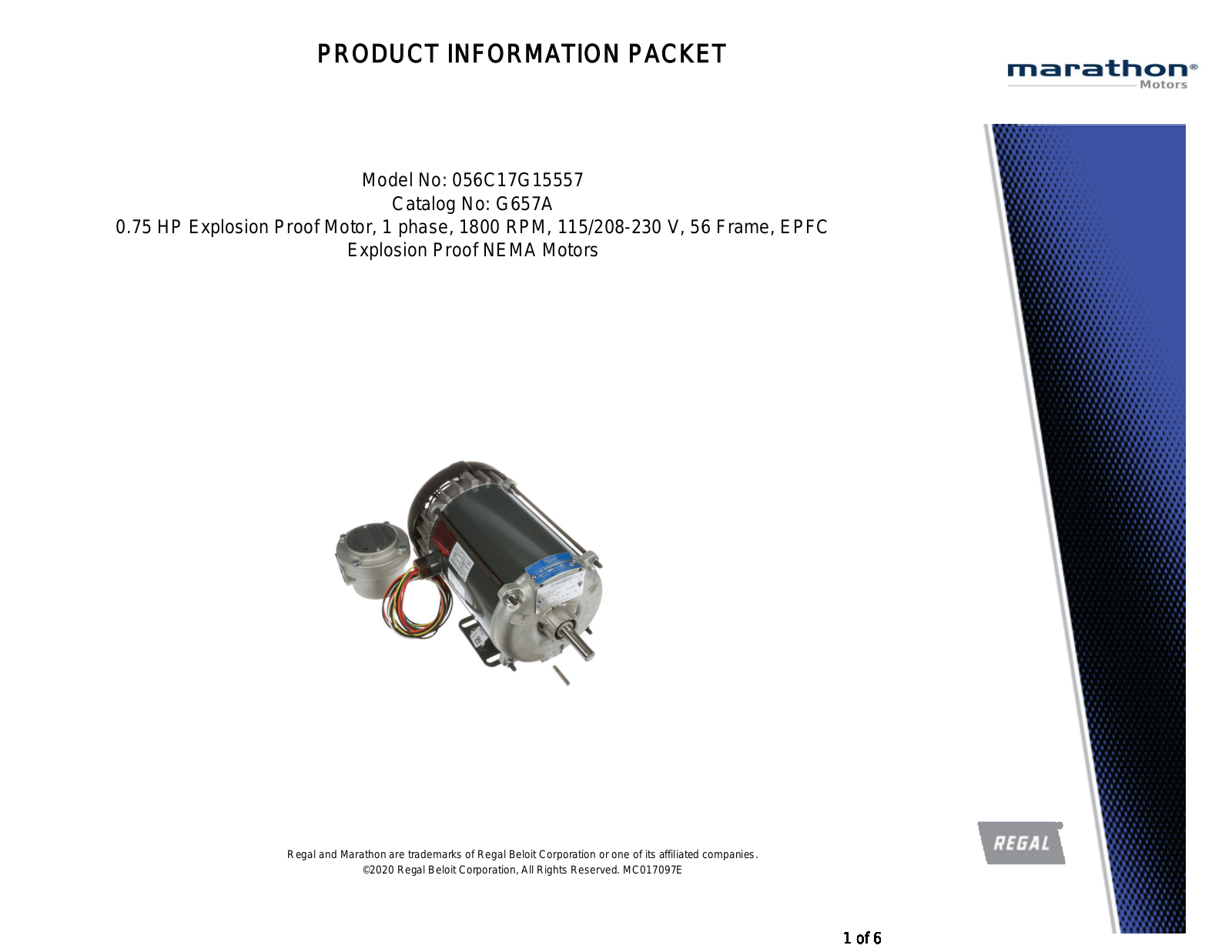 Marathon Electric 056C17G15557 Product Information Packet