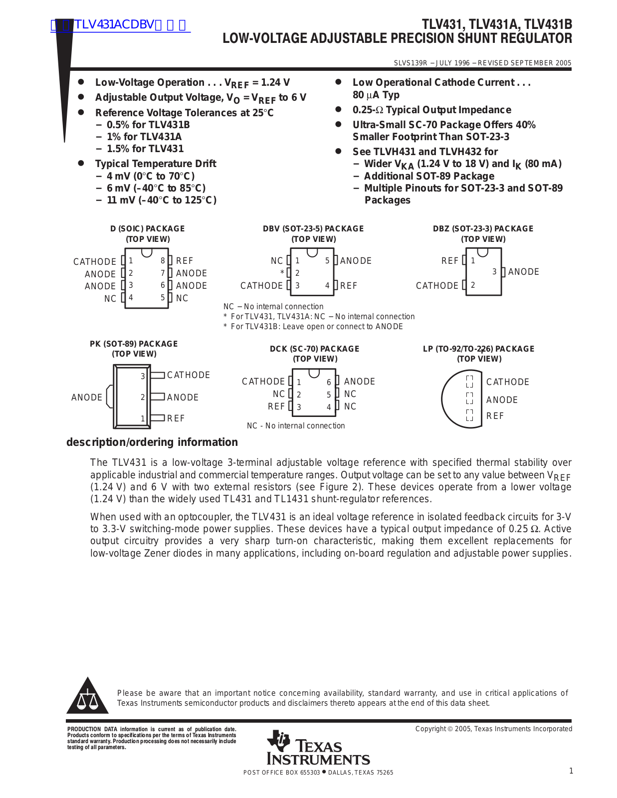 TEXAS INSTRUMENTS TLV431 Technical data