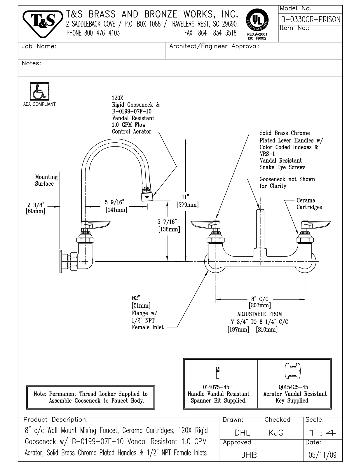 T&S Brass B-0330CR-PRISON User Manual