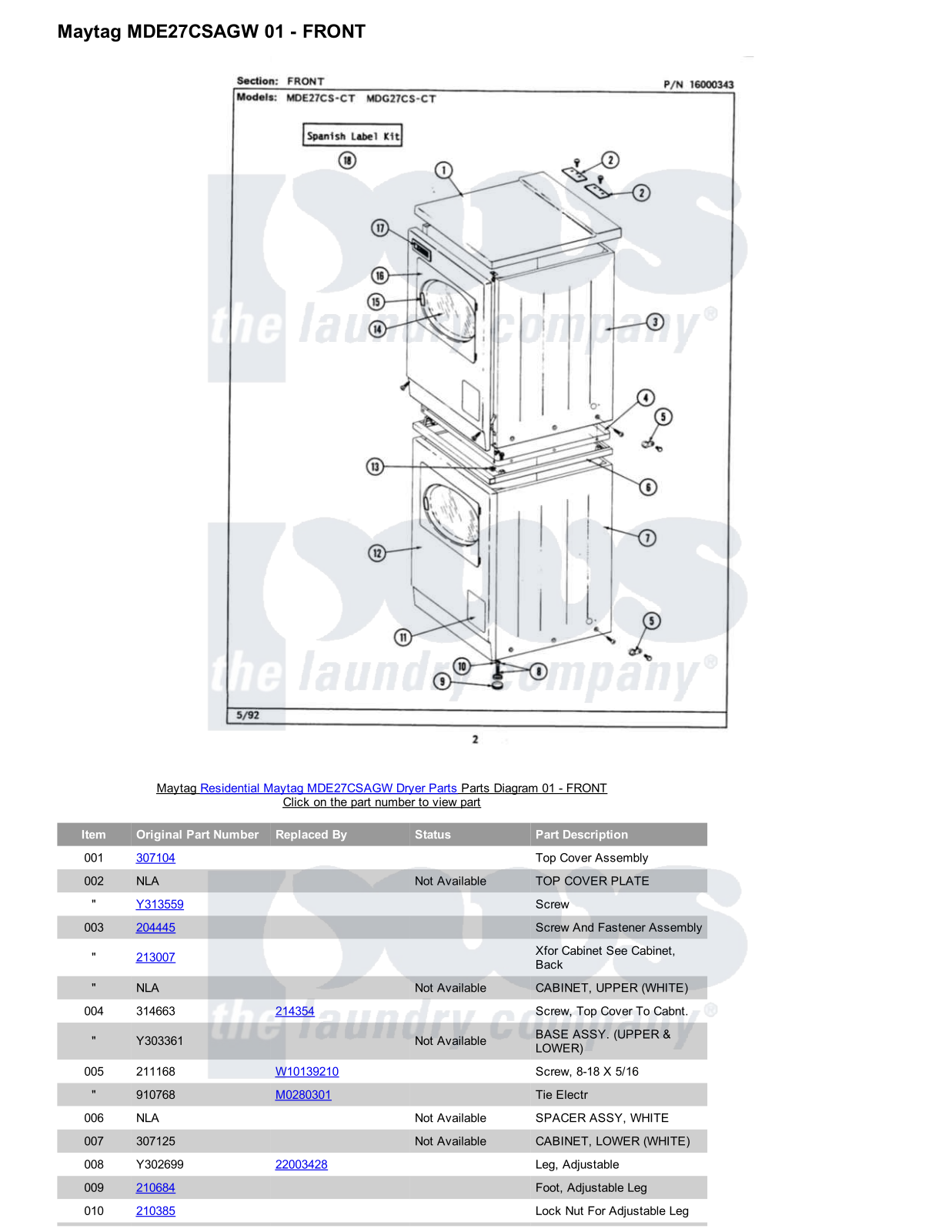 Maytag MDE27CSAGW Parts Diagram