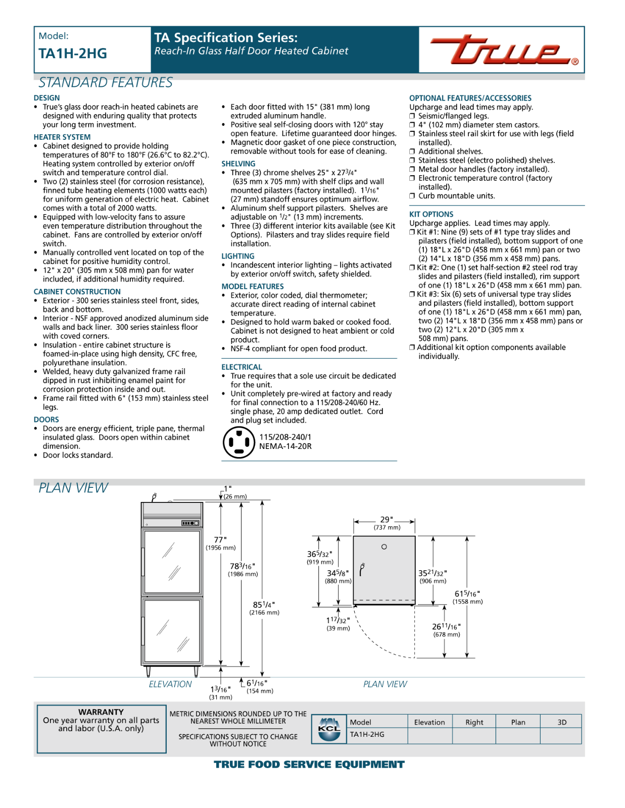 True TA1H-2HG User Manual