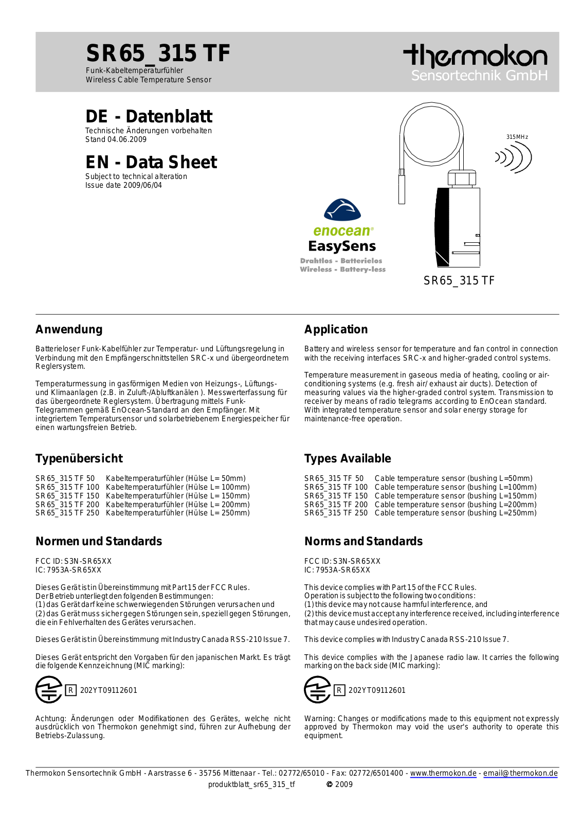 Johnson Controls SR65_315 TF Data Sheet