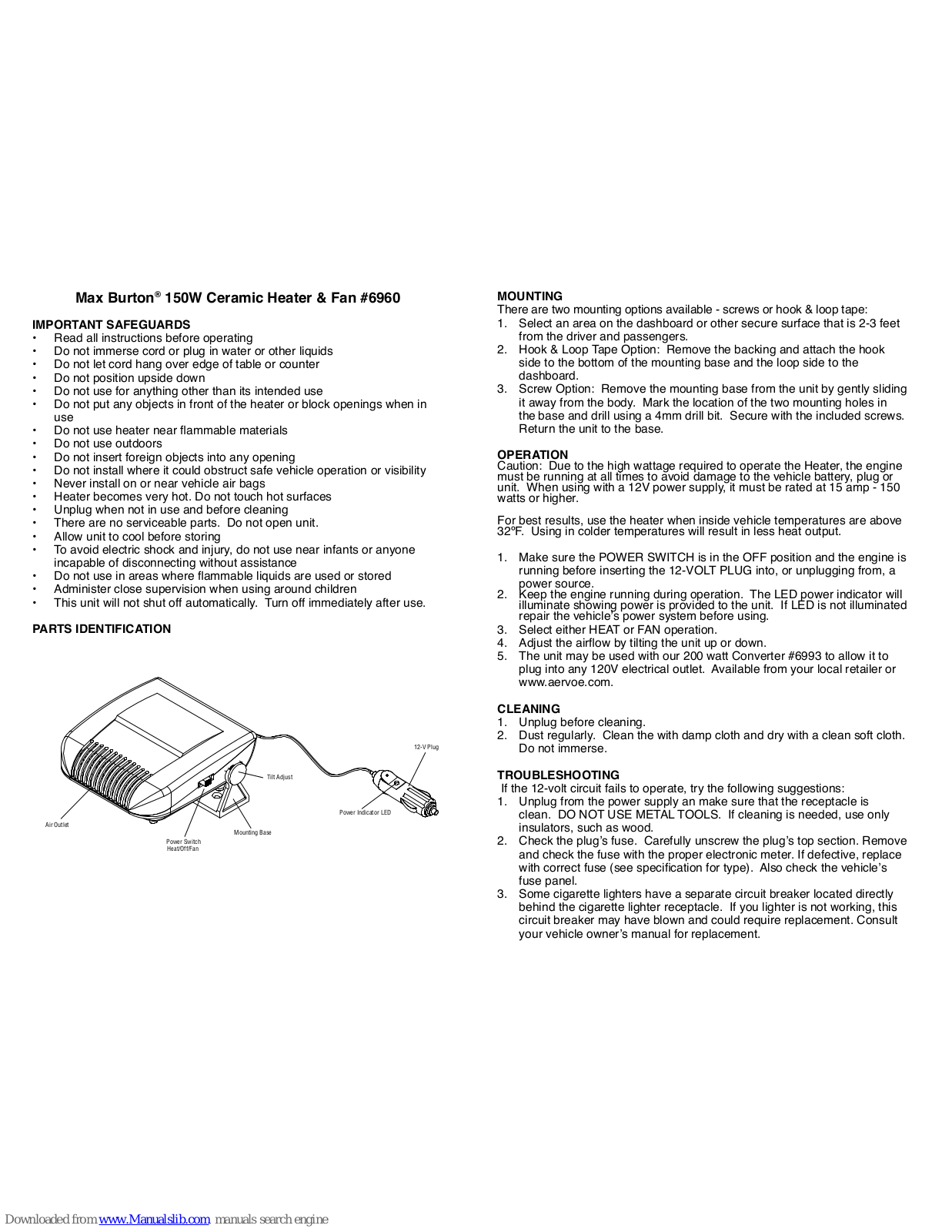 Max Burton 6960 Operating Instructions Manual