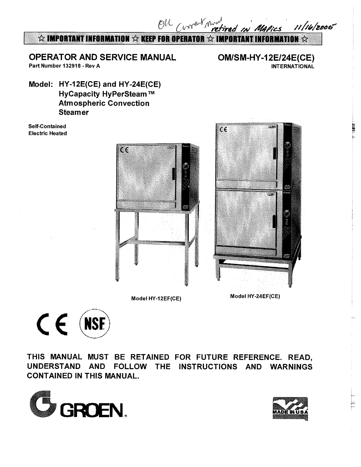 Groen HY-12E Service Manual