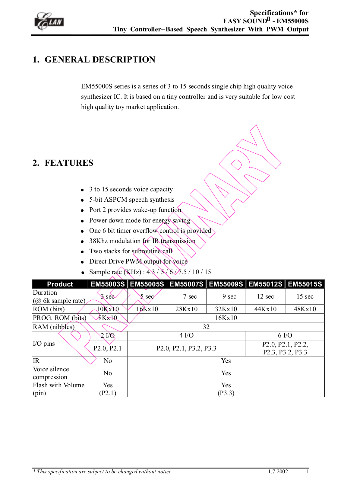 ELAN EM55015S, EM55012S, EM55009S, EM55007S, EM55005S Datasheet