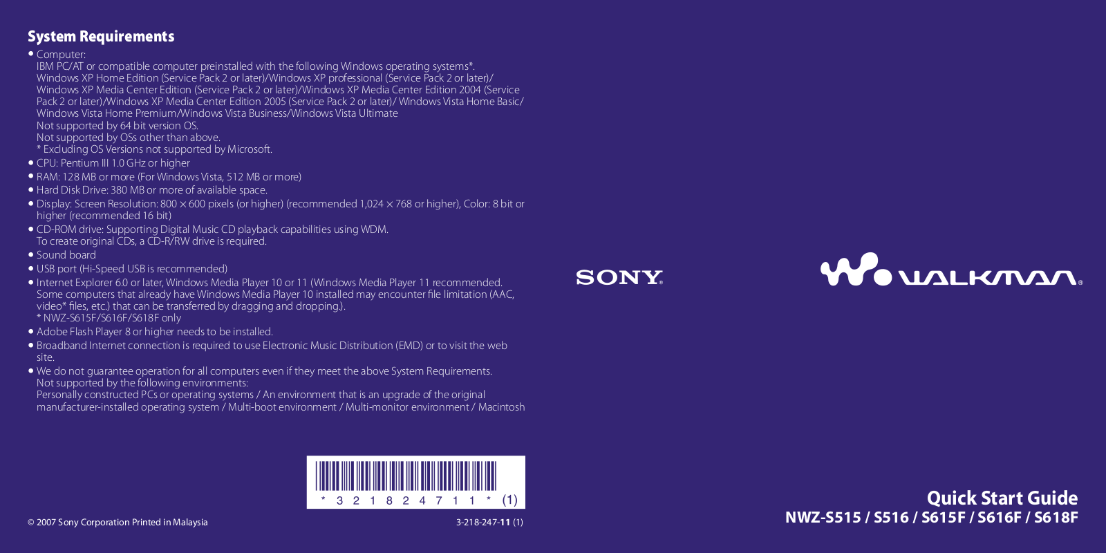 Sony NWZ-S515, Walkman NWZ-S618F User Manual