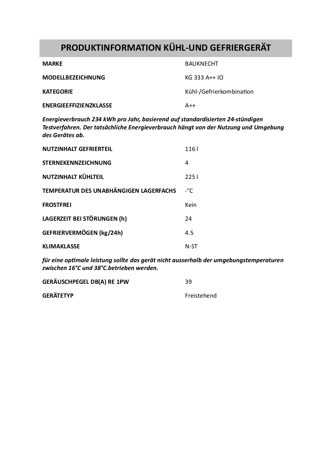 Whirlpool KG 333 A IO PRODUCT SHEET