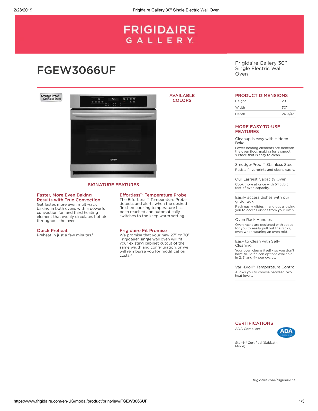 Frigidaire FGEW3066UF Specifications