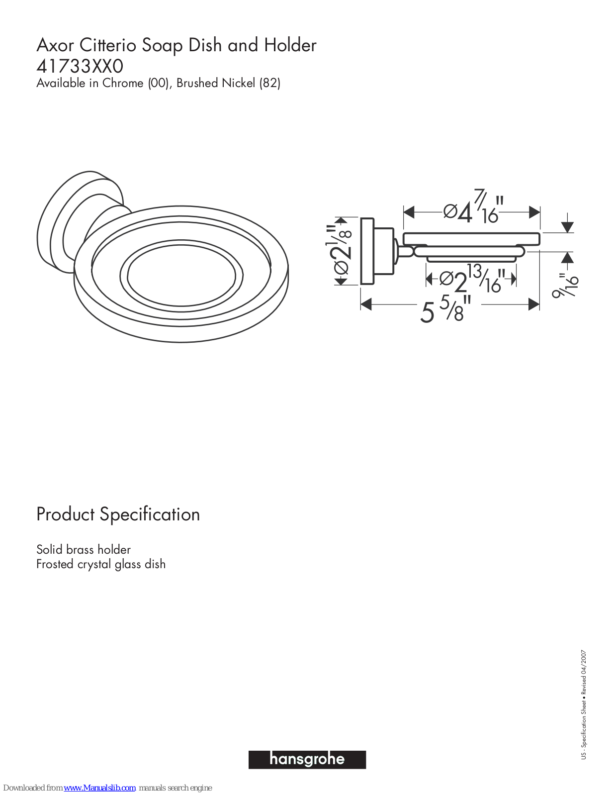 Hansgrohe 41719000, 41719820 Specification Sheet