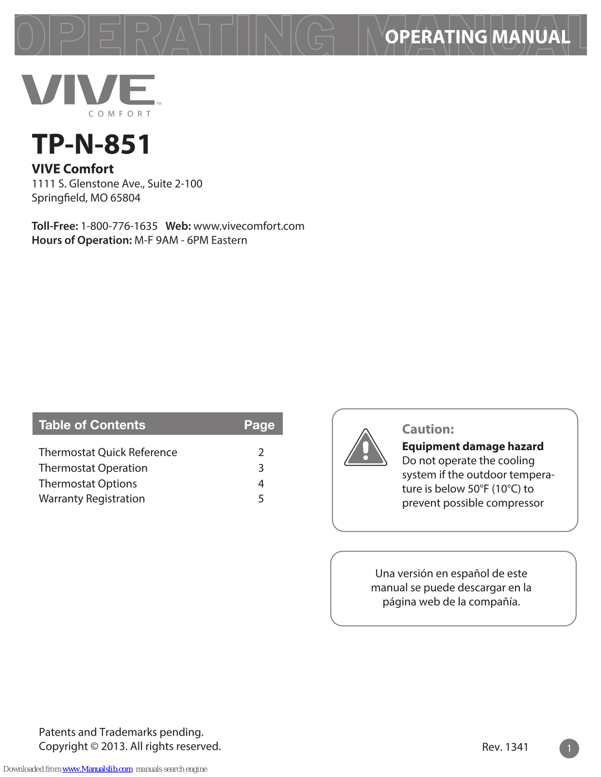 Vive Comfort TP-N-851 Operating Manual