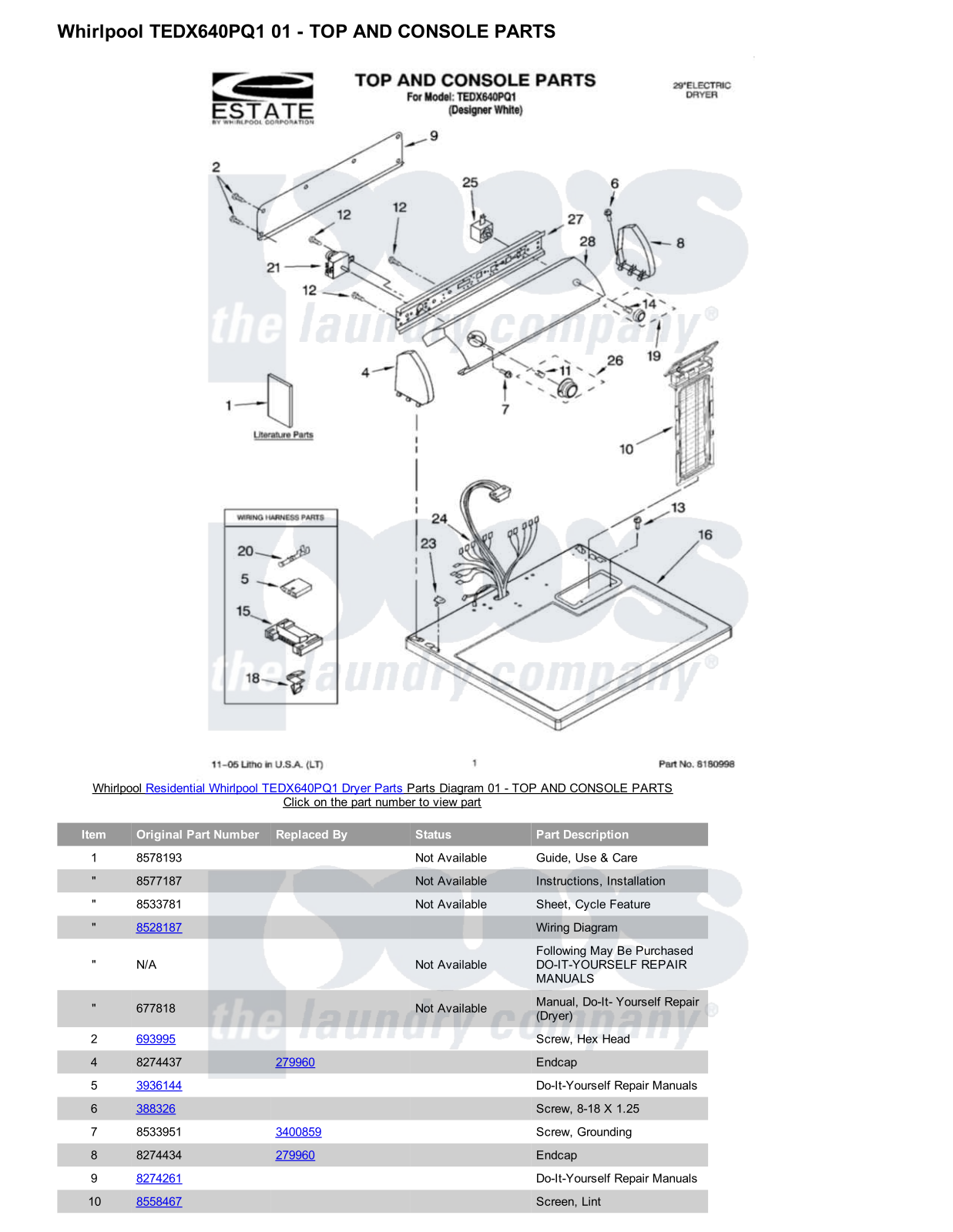 Whirlpool TEDX640PQ1 Parts Diagram