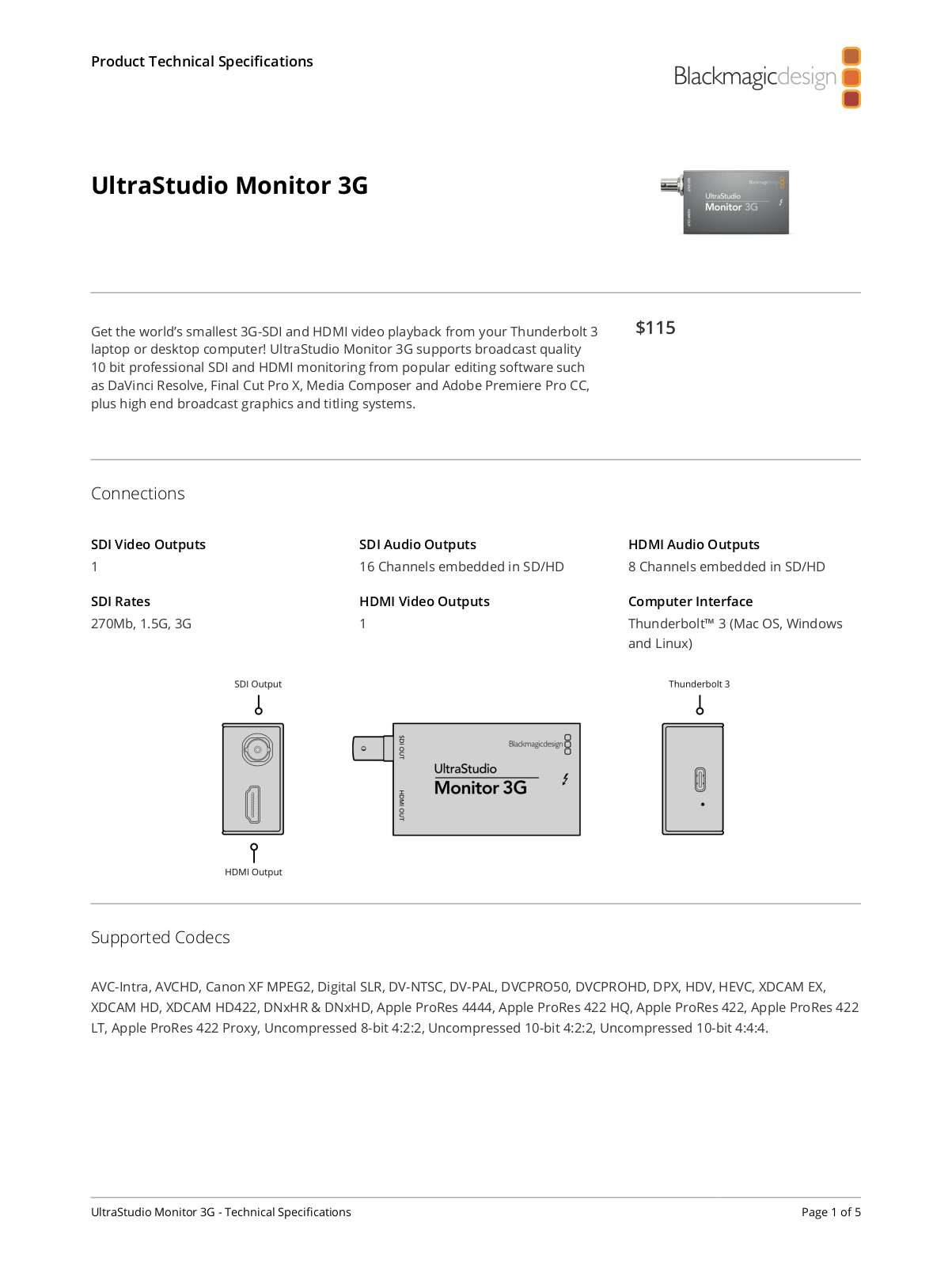 Blackmagic Design UltraStudio Monitor 3G Datasheet