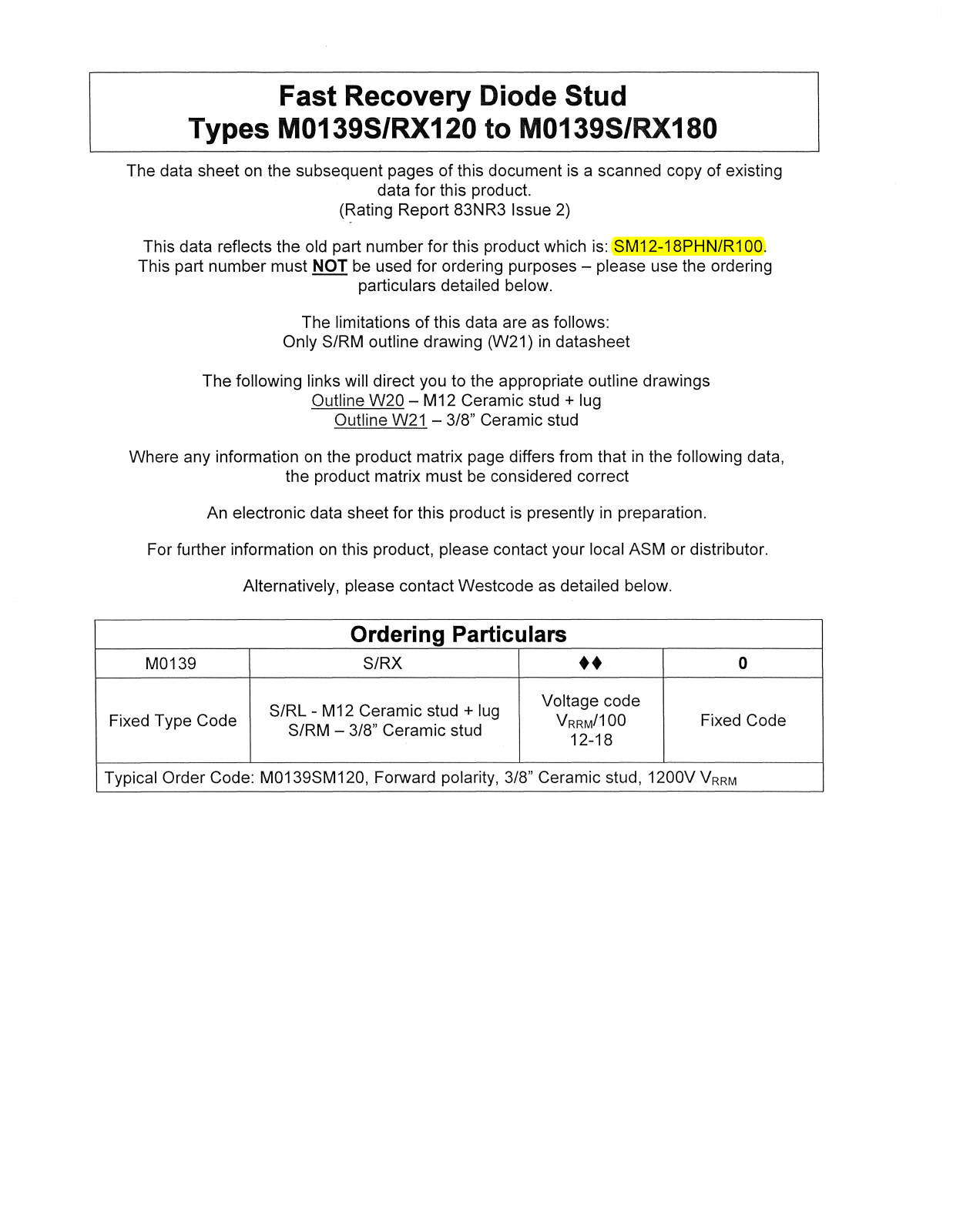 Datasheet M0139S120, M0139S180, M0139RX120, M0139RX180 Datasheet (Westcode Semiconductors) - ManualMachine.com