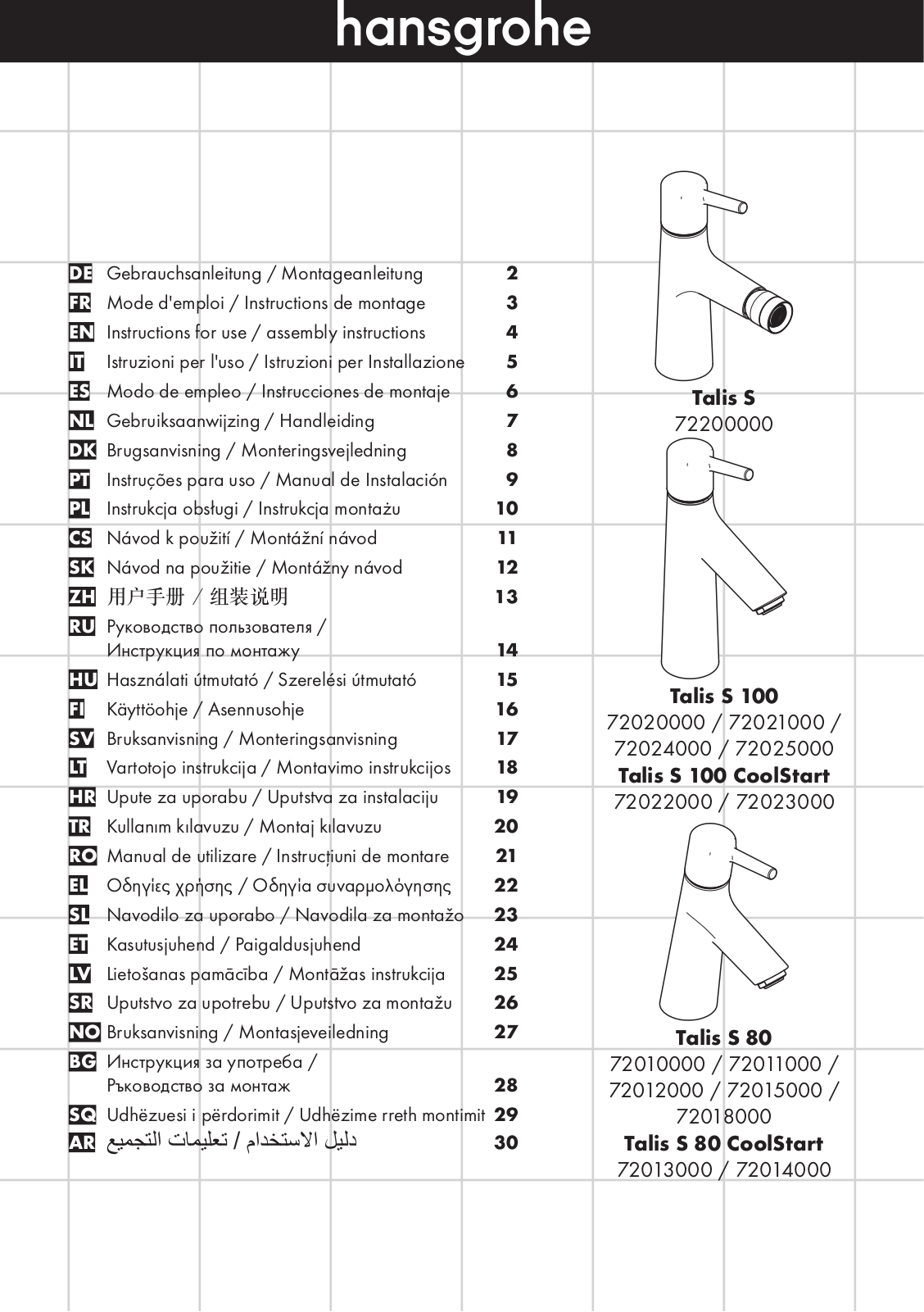 Hansgrohe 72200000, 72010000, 72020000 User Manual