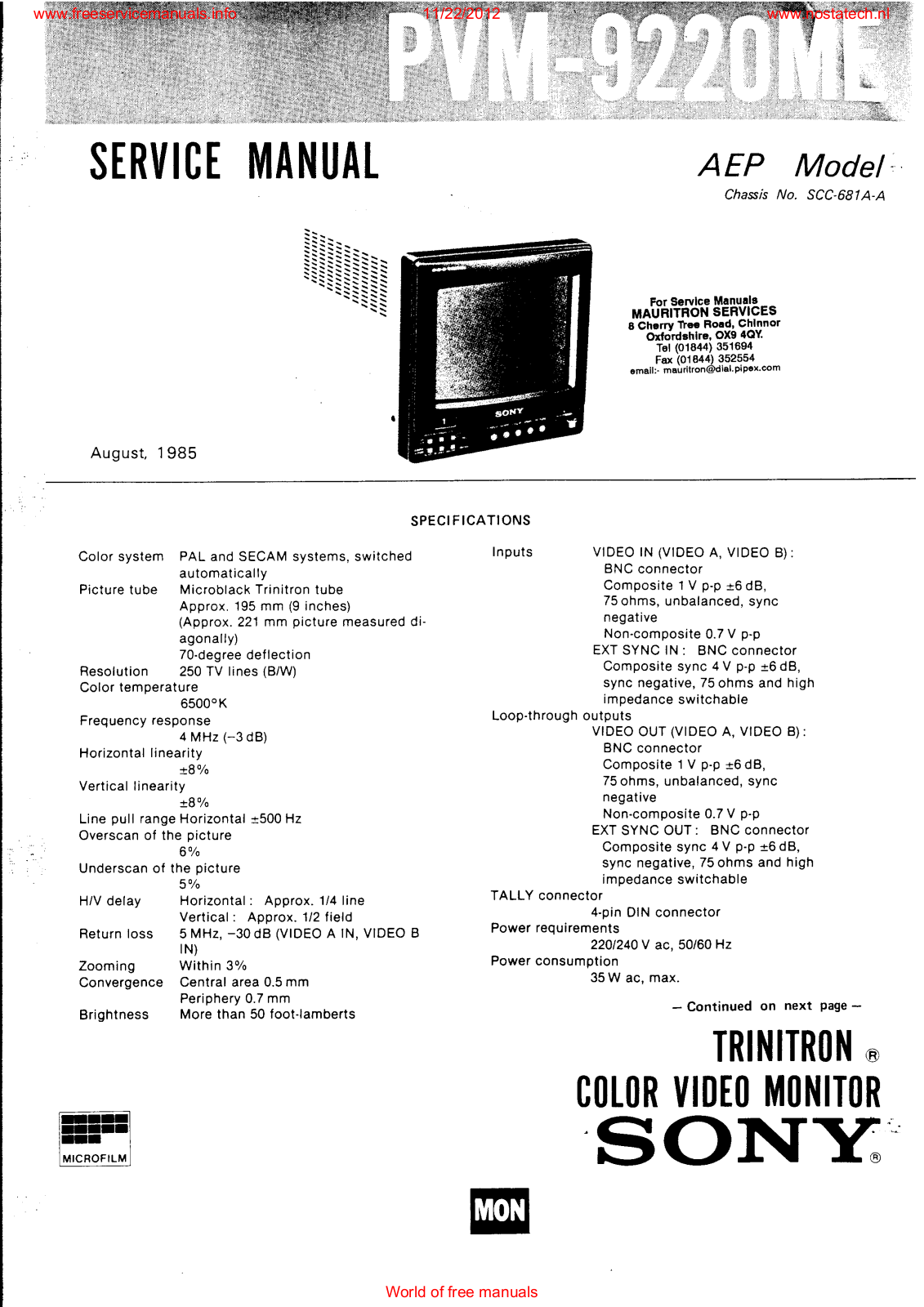 Sony PVM-9220ME Service Manual