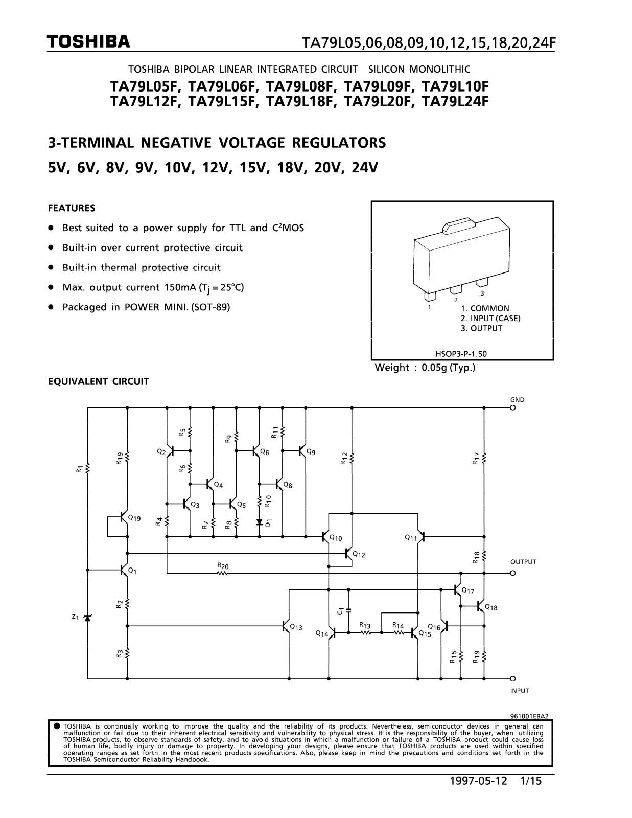 Toshiba TA79L12F, TA79L09F, TA79L10F Datasheet