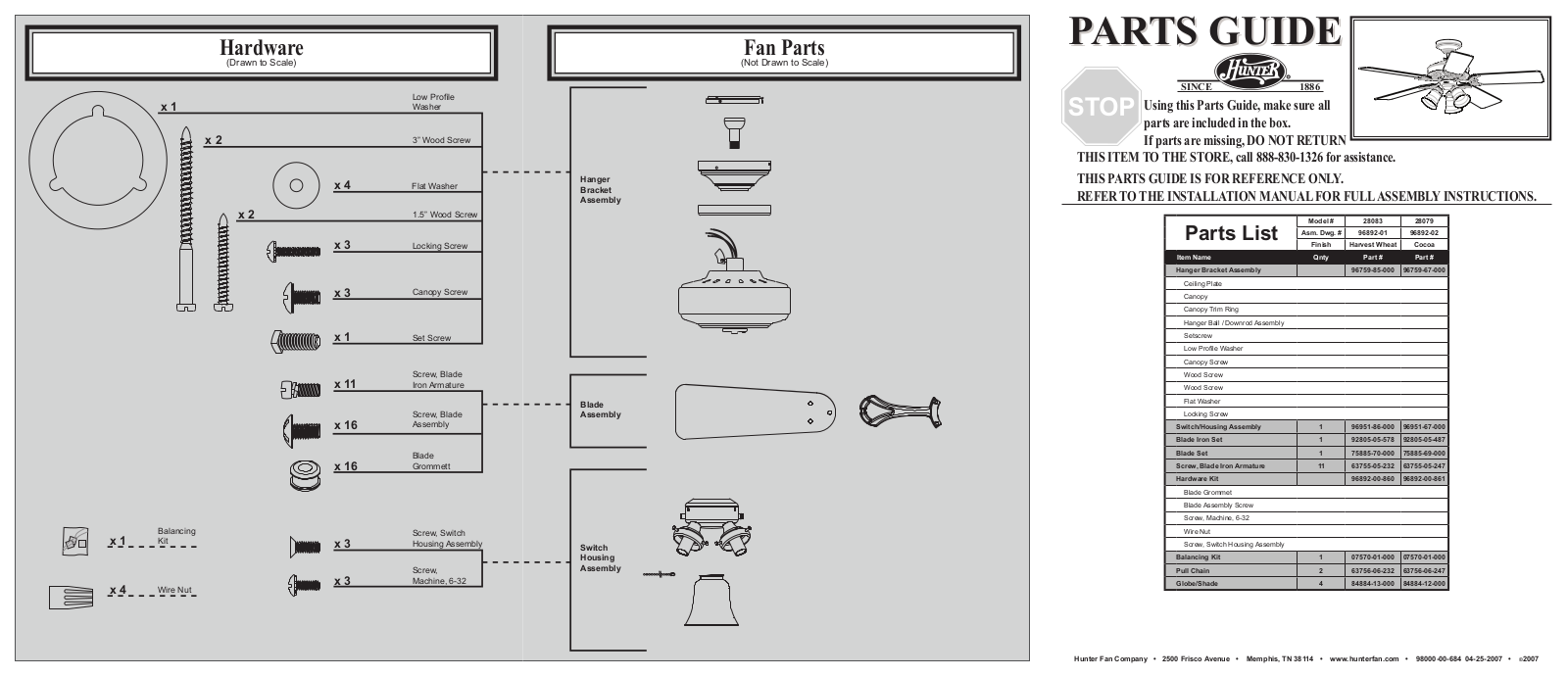 Hunter 28079 Parts Guide