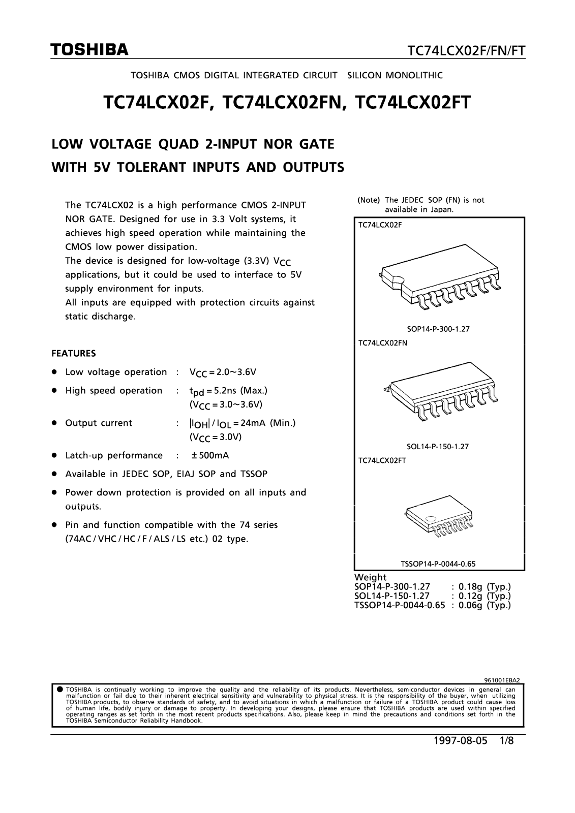 Toshiba TC74LCX02FT, TC74LCX02FN, TC74LCX02F Datasheet