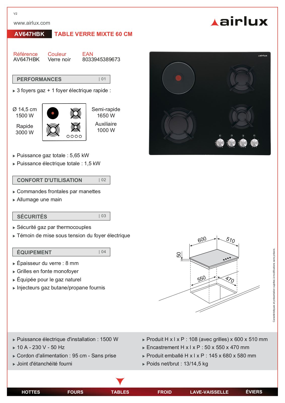 Airlux AV647HBK product sheet