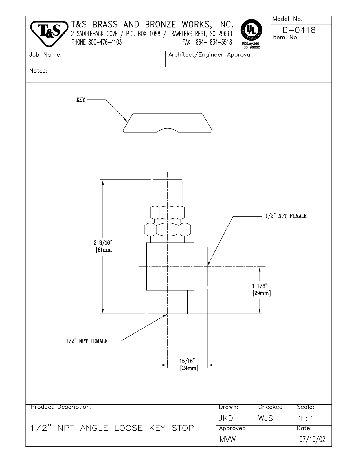 T & S Brass & Bronze Works B-0418 General Manual