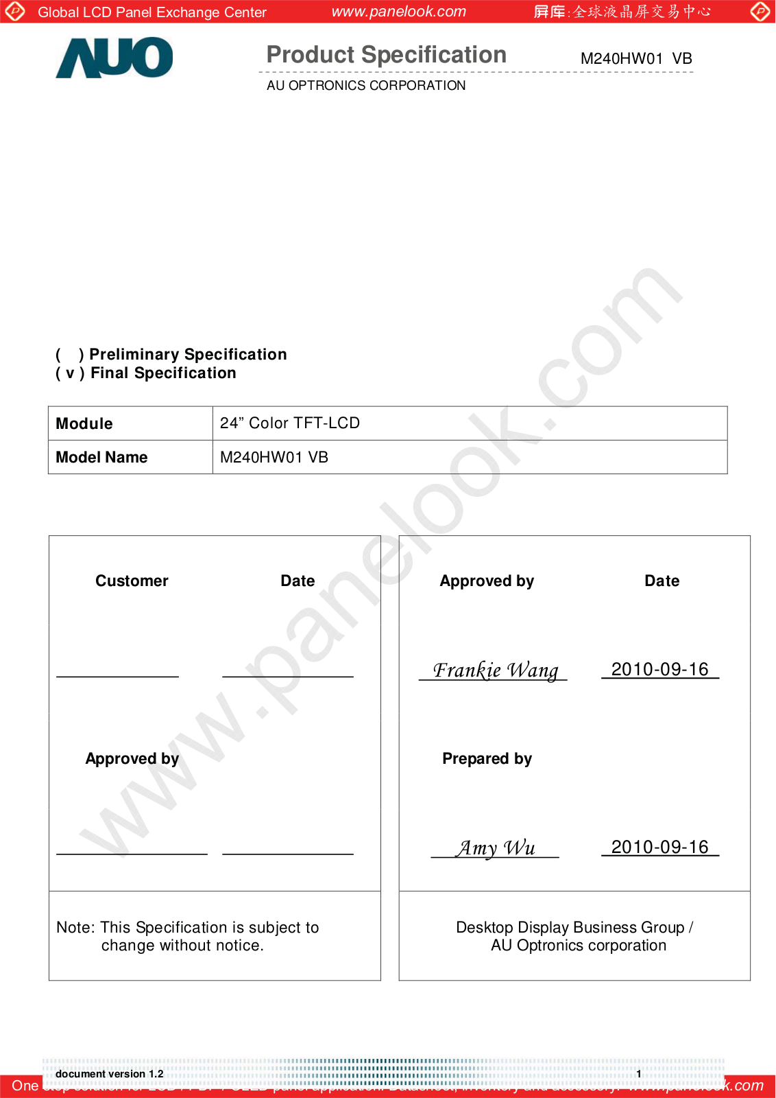 AUO M240HW01 VB Specification - ManualMachine.com