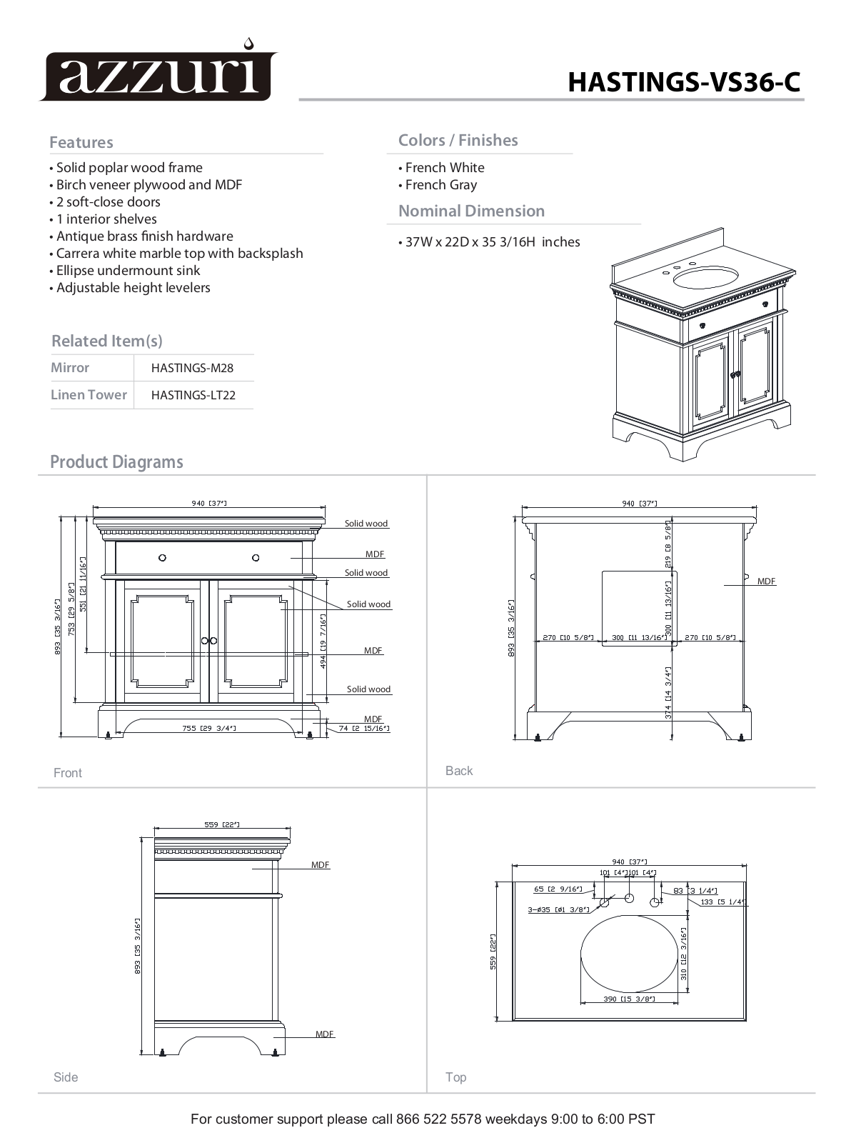 Azzuri HASTINGSVS36FWC, HASTINGSVS36FGC Specifications