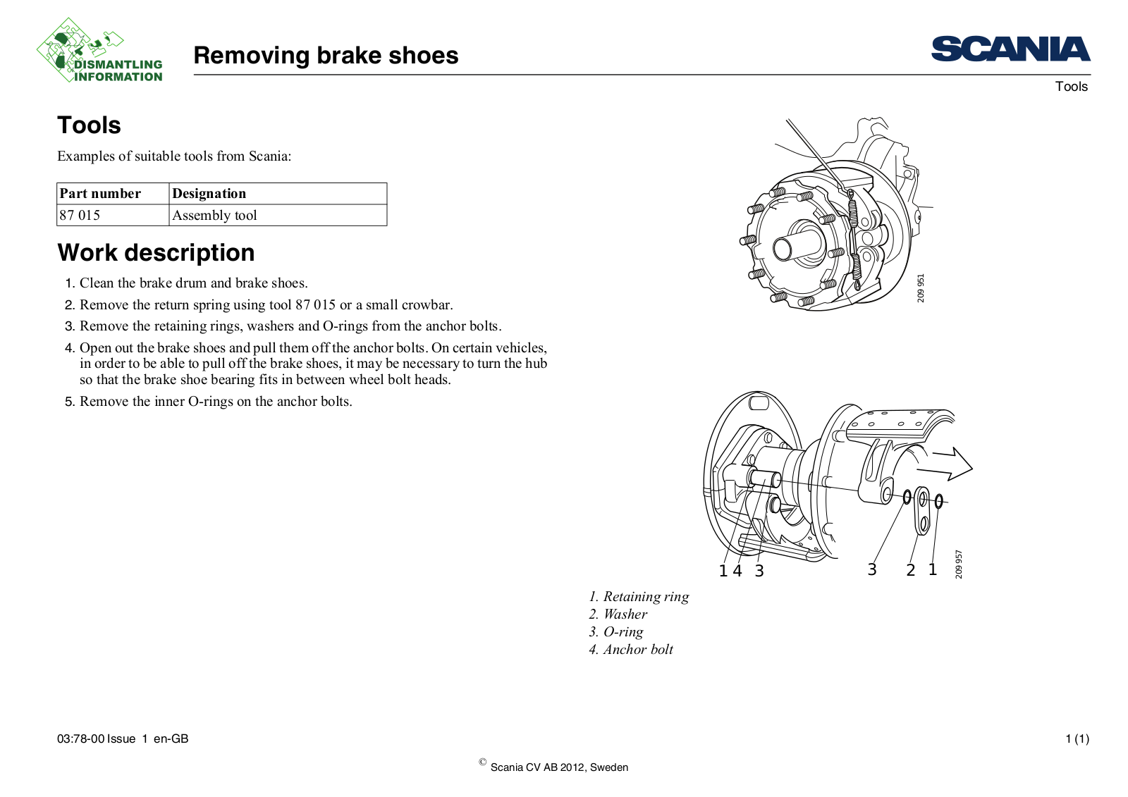 Scania Removing brake shoes Service Manual