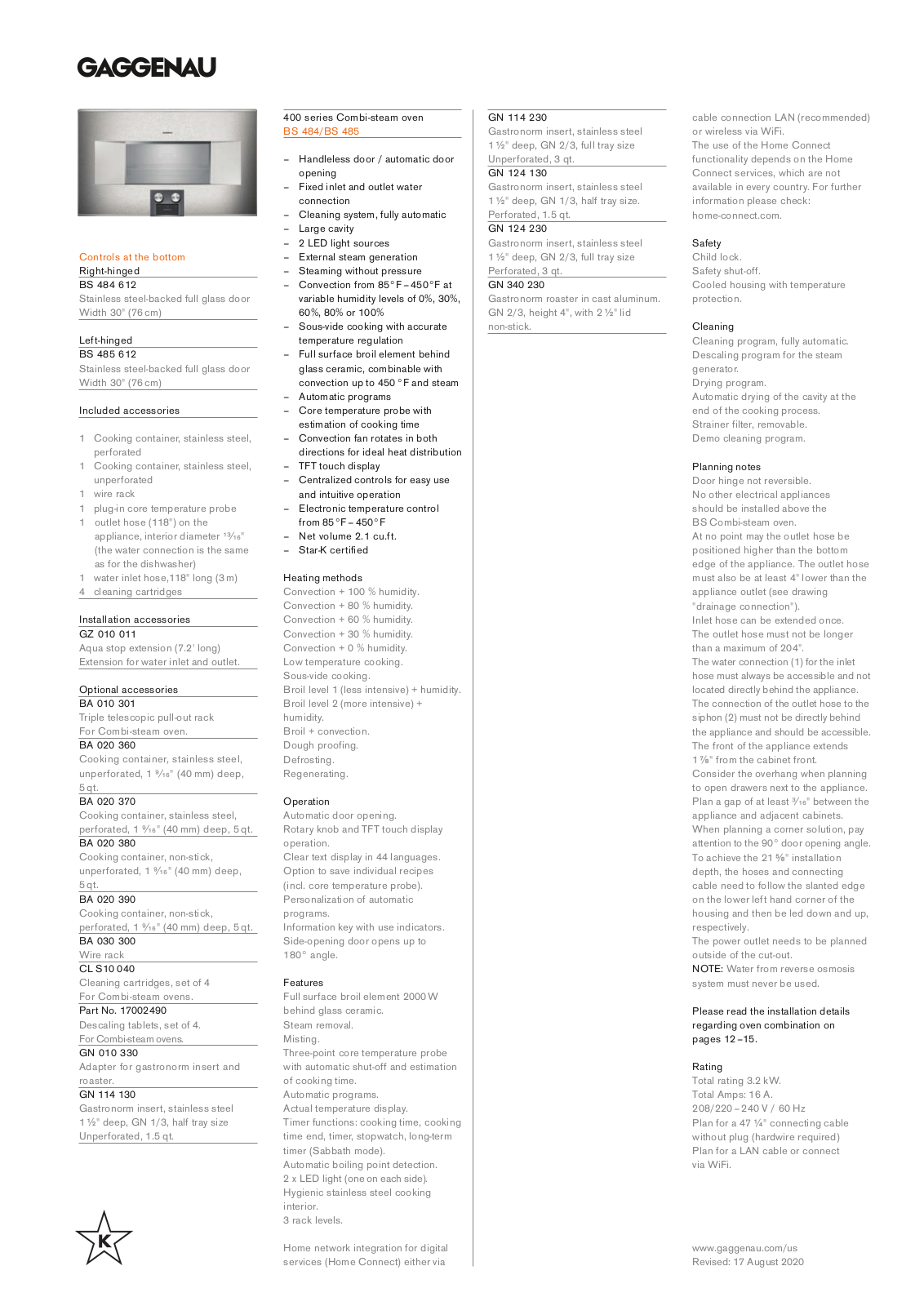 Gaggenau BS 484 612, BS 485 612 Specification Sheet