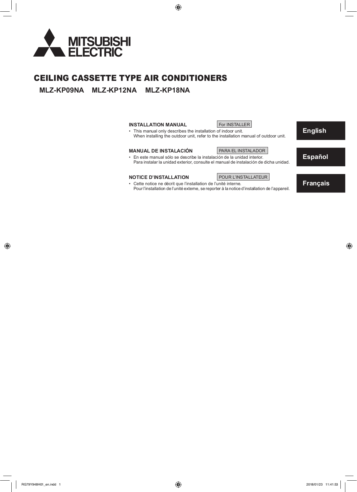 Mitsubishi Electronics MLZ-KP09NA, MLZ-KP12NA, MLZ-KP18NA Installation Manual