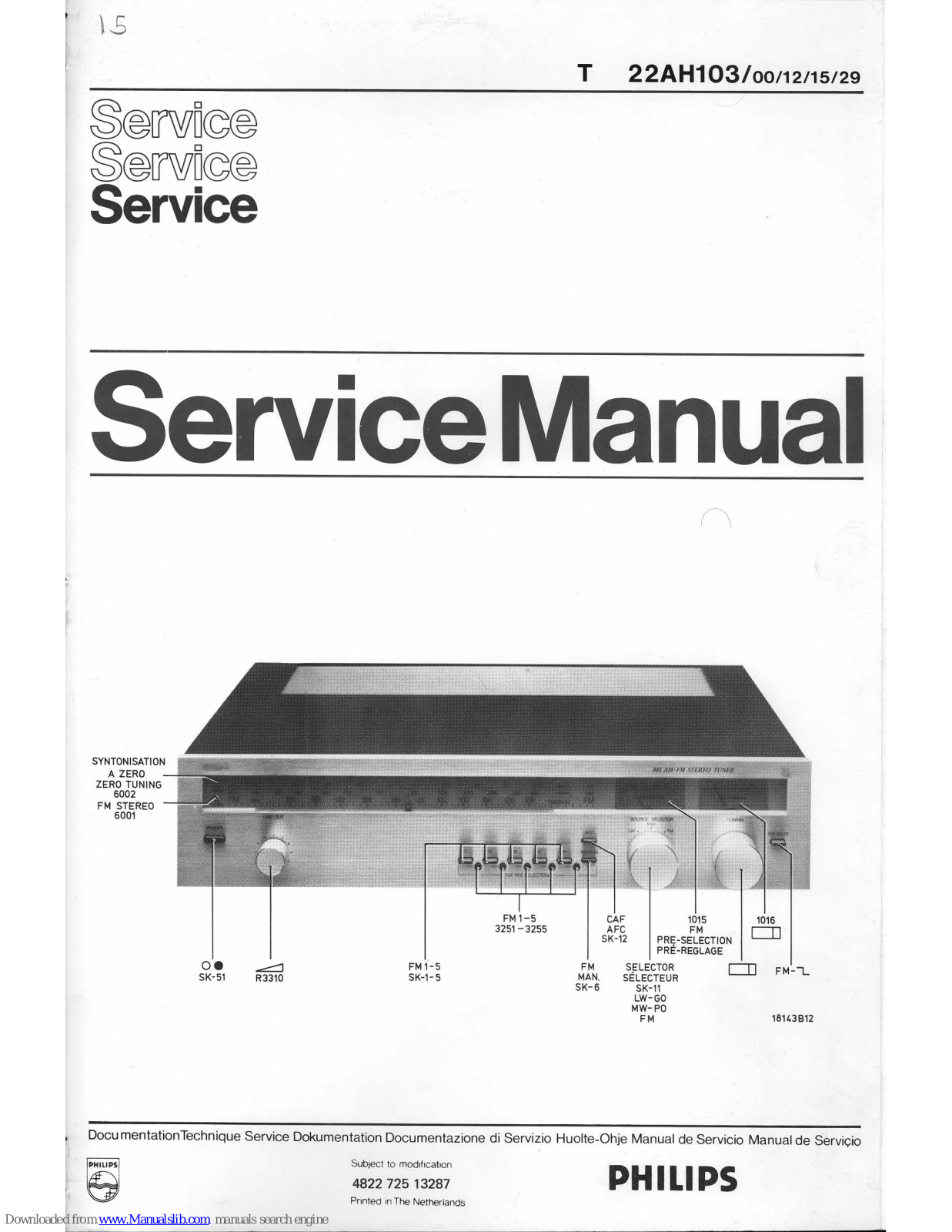 Philips 22AH103/00, 22AH103/12, 22AH103/15, 22AH103/29 Service Manual