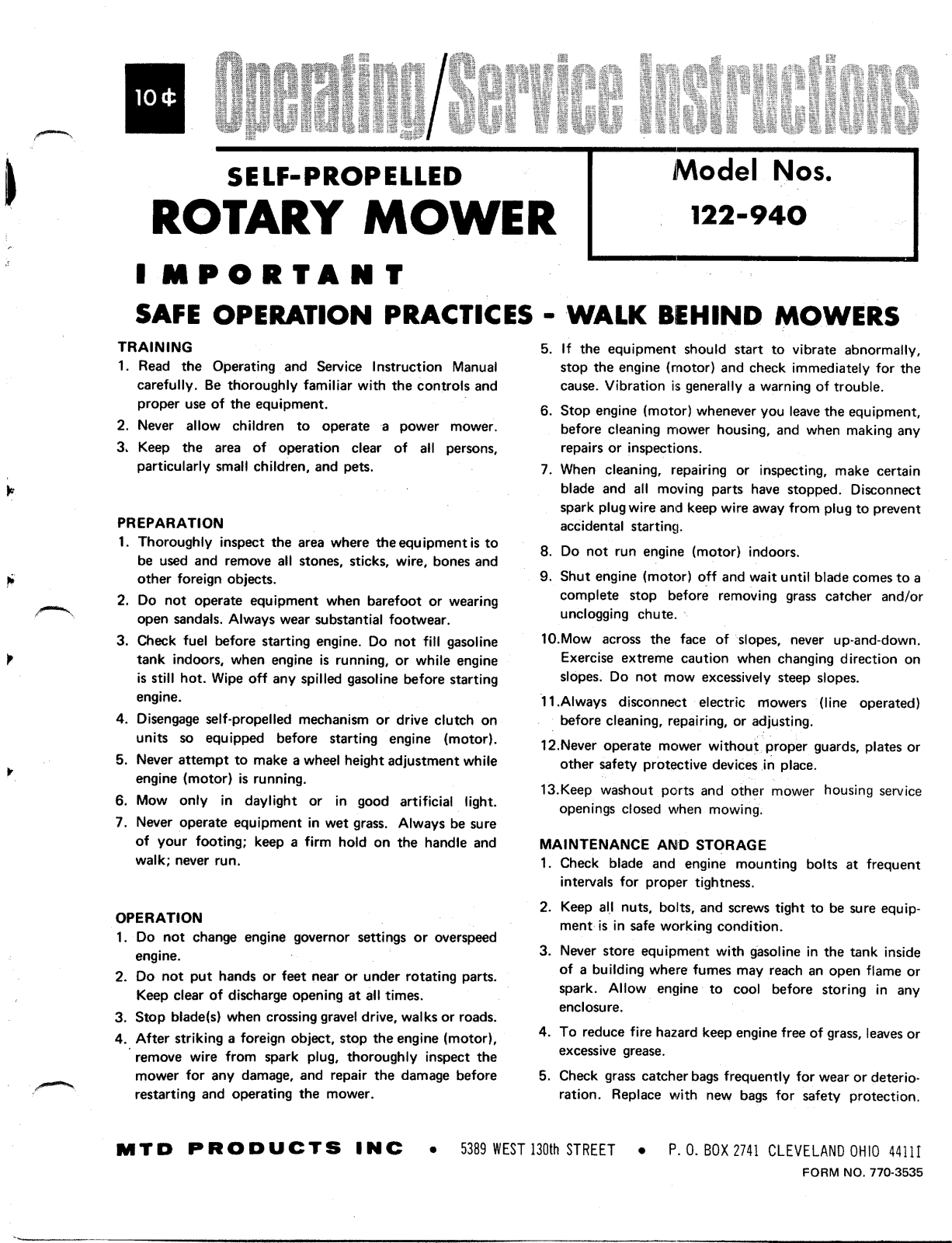 MTD 1222-940 User Manual