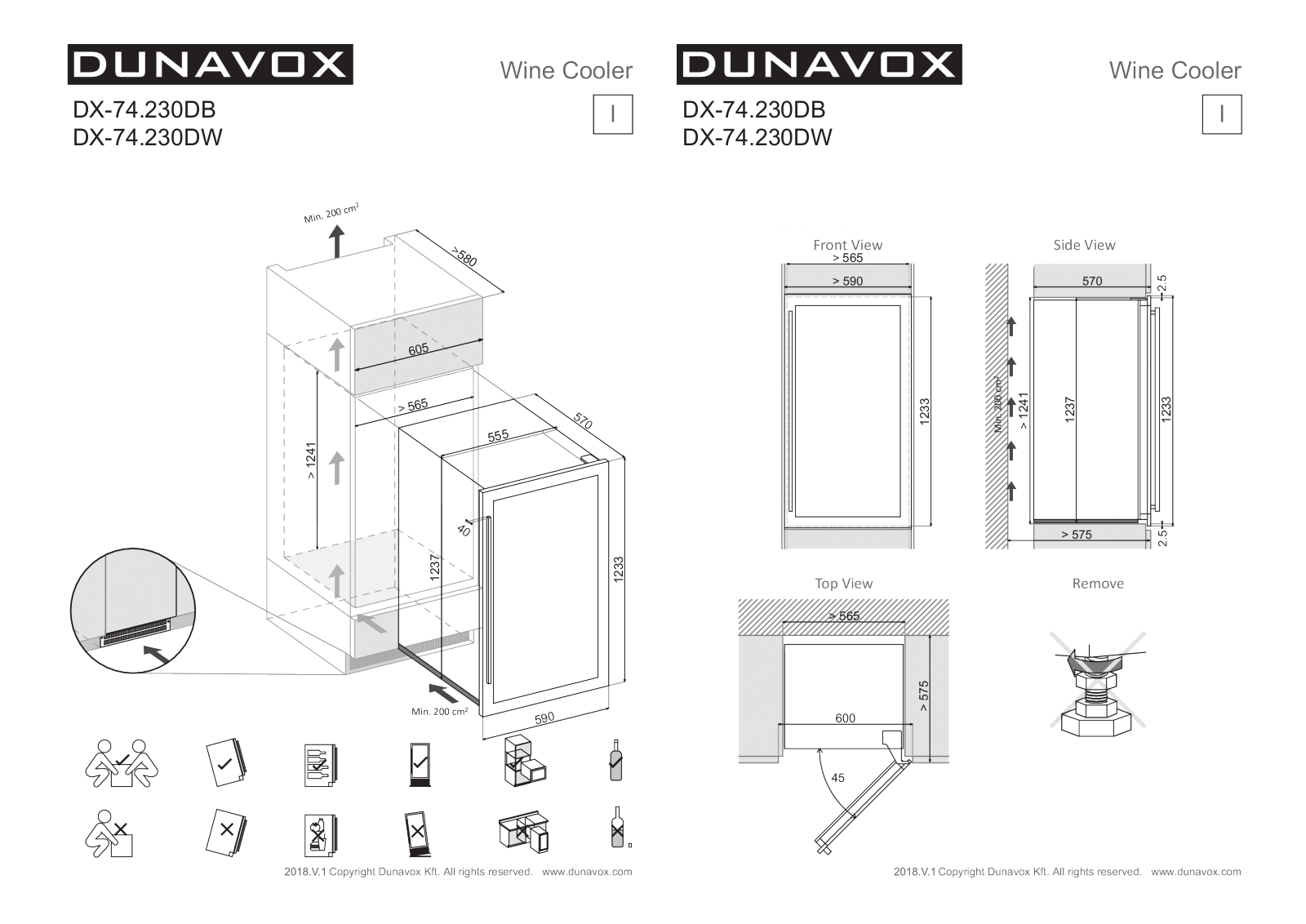 Dunavox DX-74.230DB, DX-74.230DW Dimensions