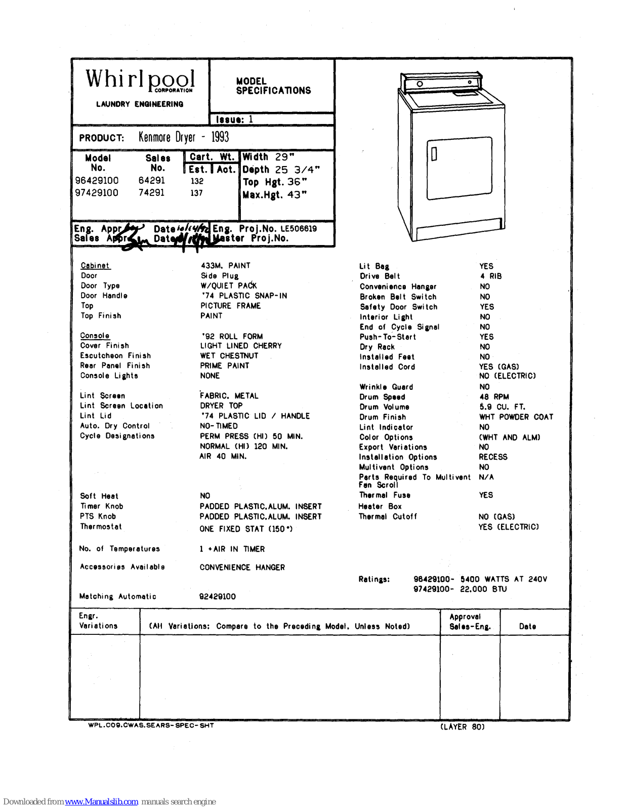 Kenmore 96429100, 97429100 Specifications - ManualMachine.com