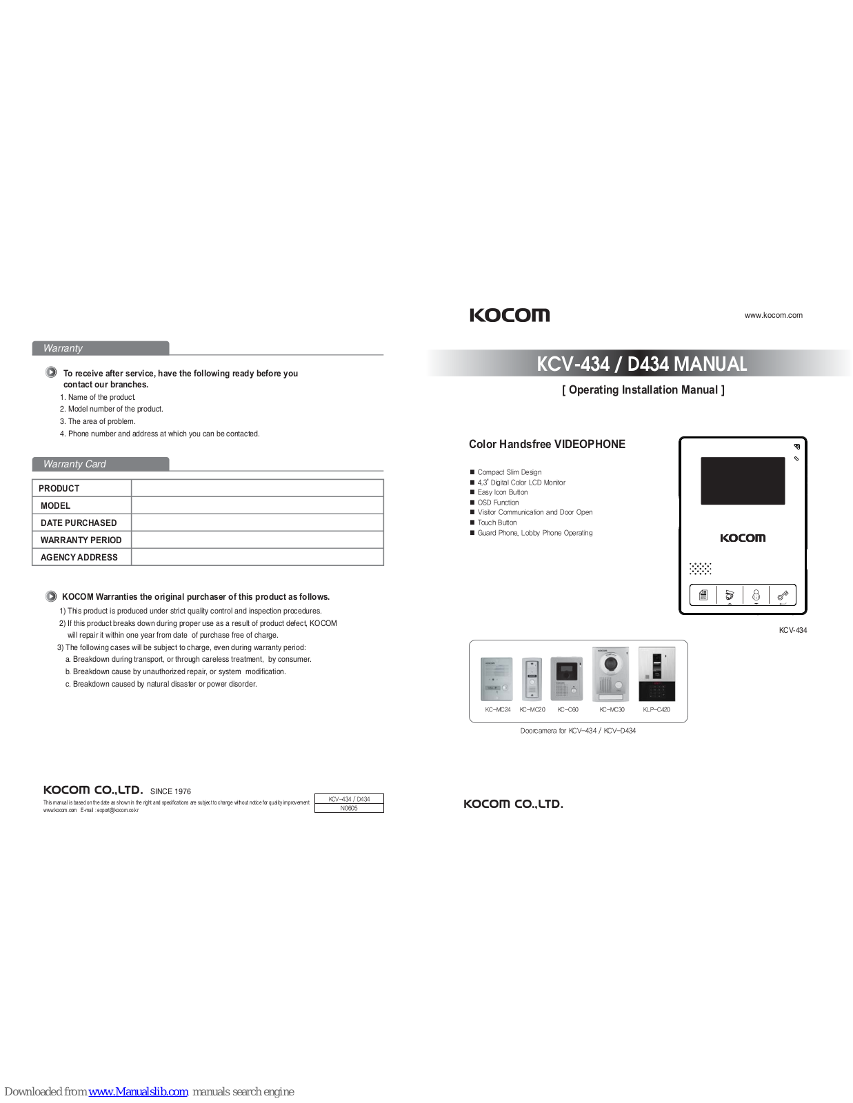KOCOM KCV-434, KCV-D434, KC-MC30, KC-MC24, KC-C60 Operating & Installation Manual