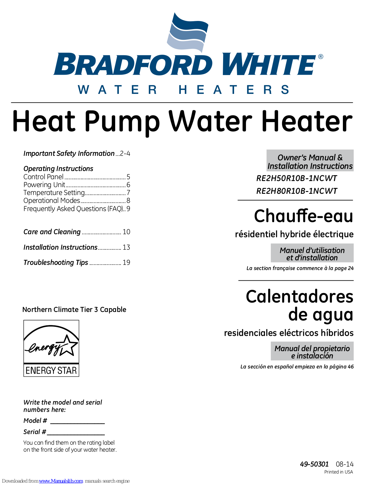 Bradford White RE2H50R10B-1NCWT, RE2H80R10B-1NCWT Owner's Manual & Installation Instructions