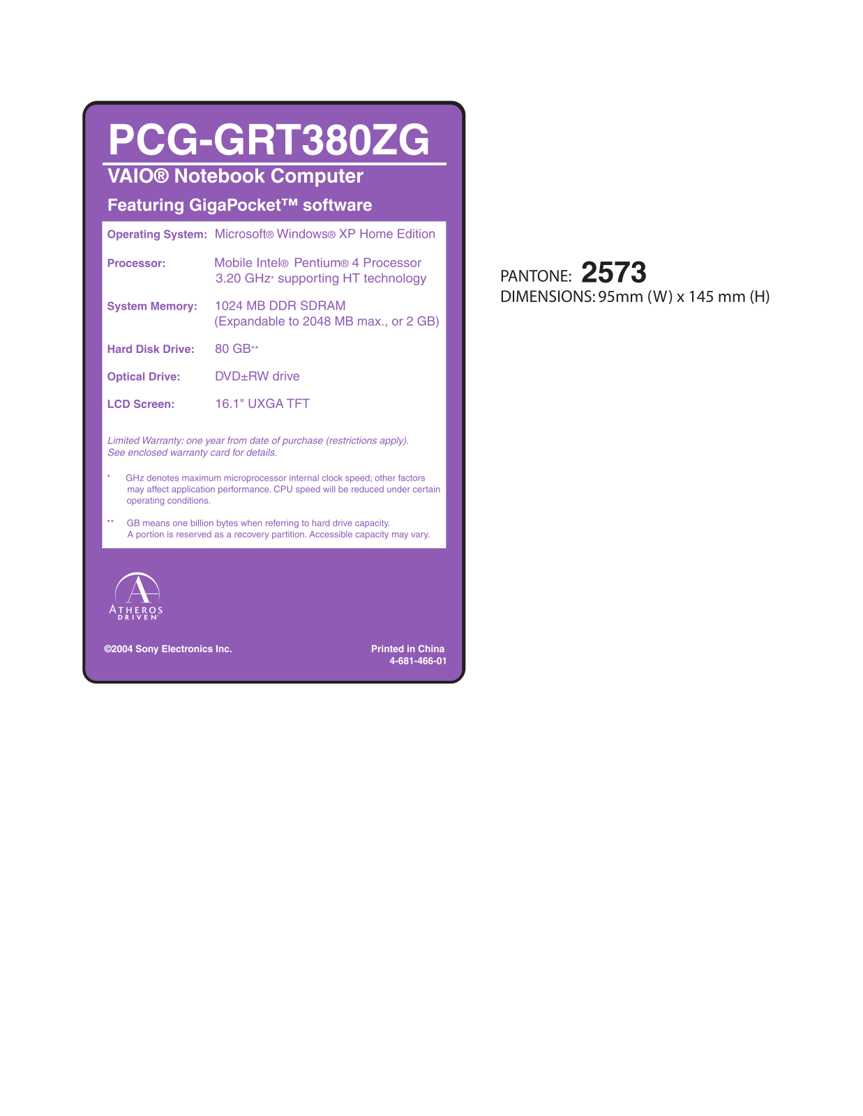 Sony PCG-GRT380ZG Specifications