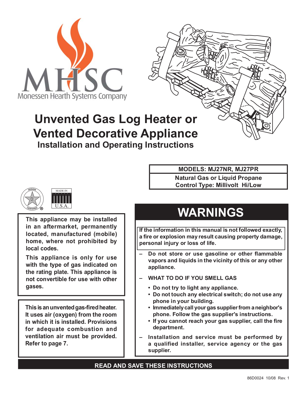 Monessen Hearth MJ27NR, MJ27PR User Manual