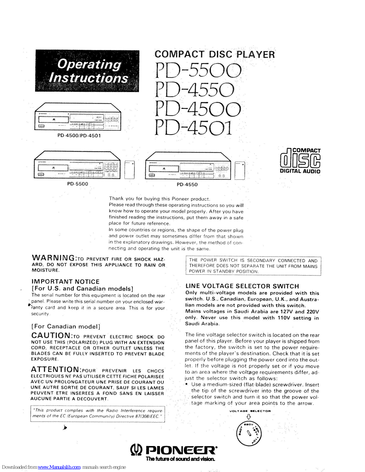 Pioneer PD-5500, PD-4550, PD-4500, PD-4501 Operating Instructions Manual