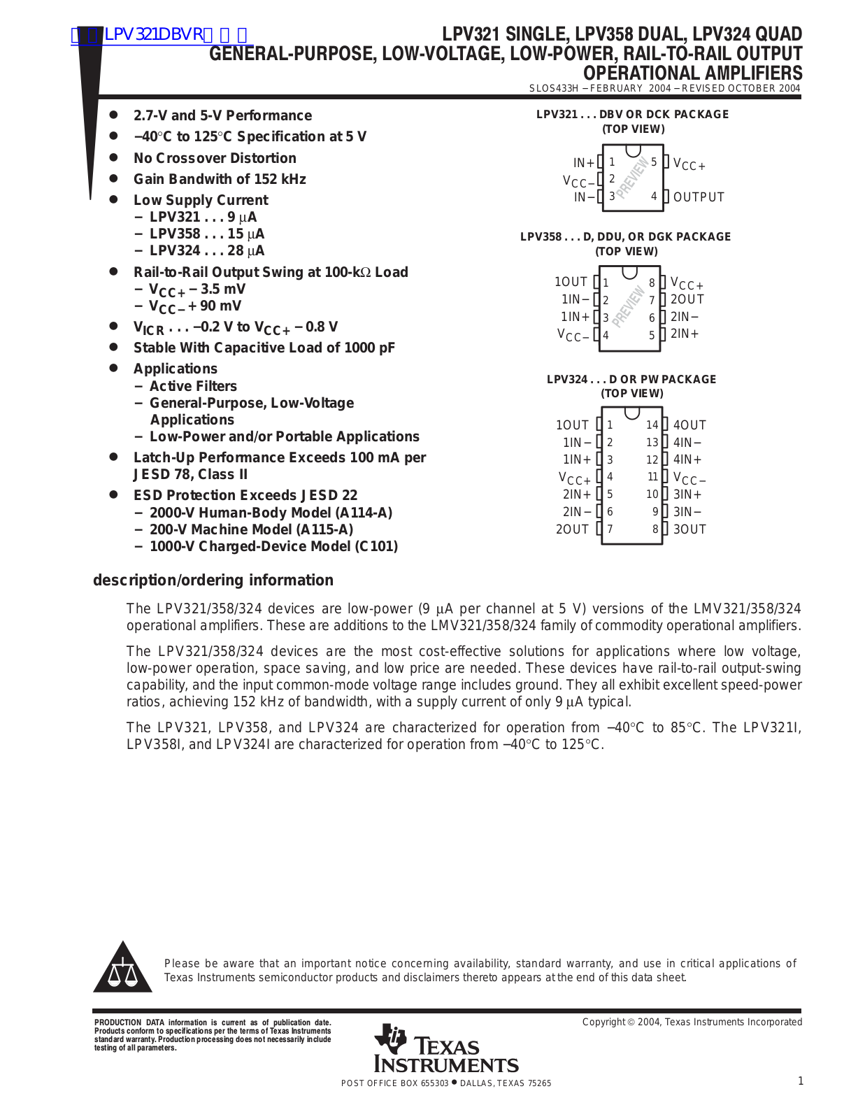 TEXAS INSTRUMENTS LPV321 Technical data