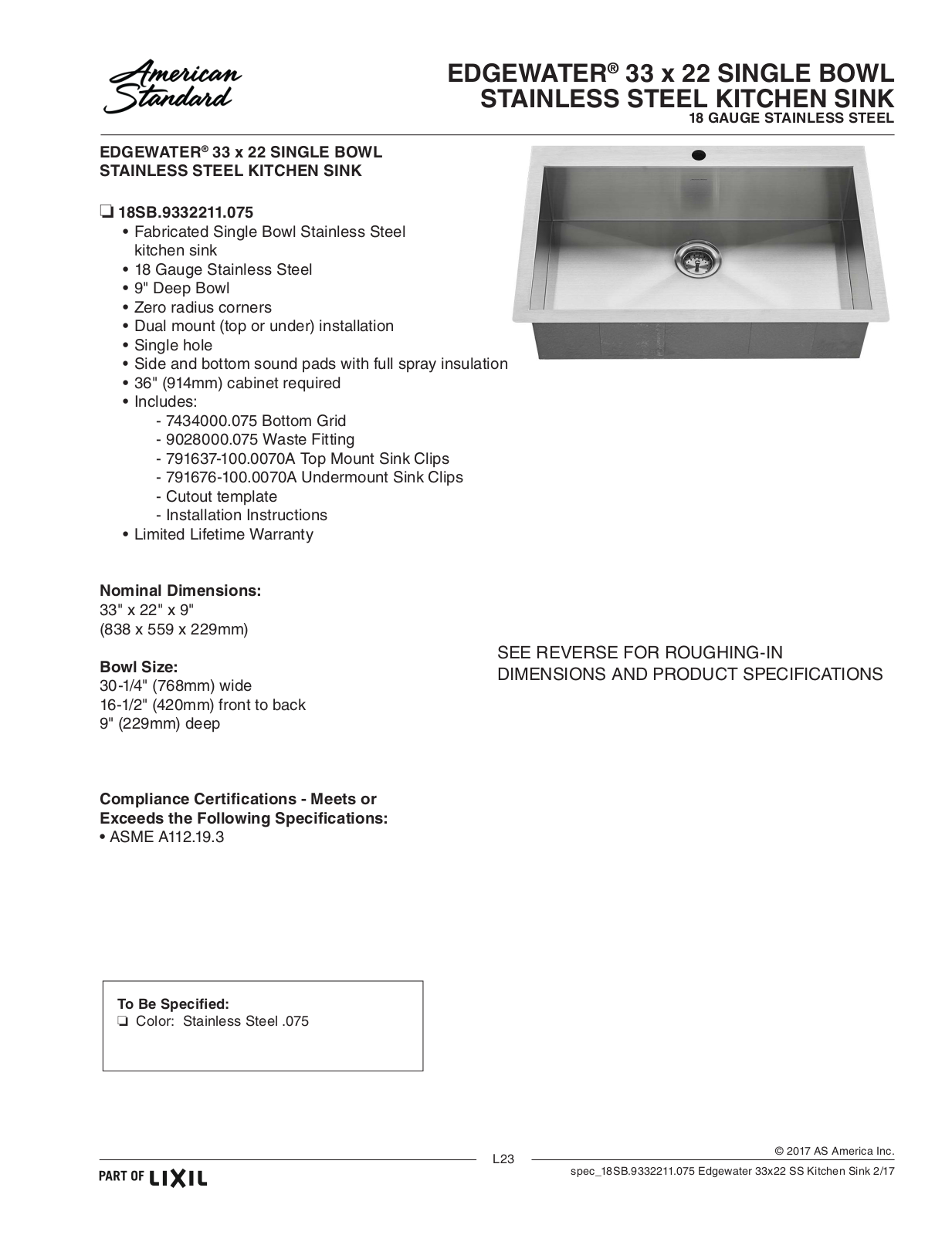 American Standard ASD10338 Specification Sheet - ManualMachine.com