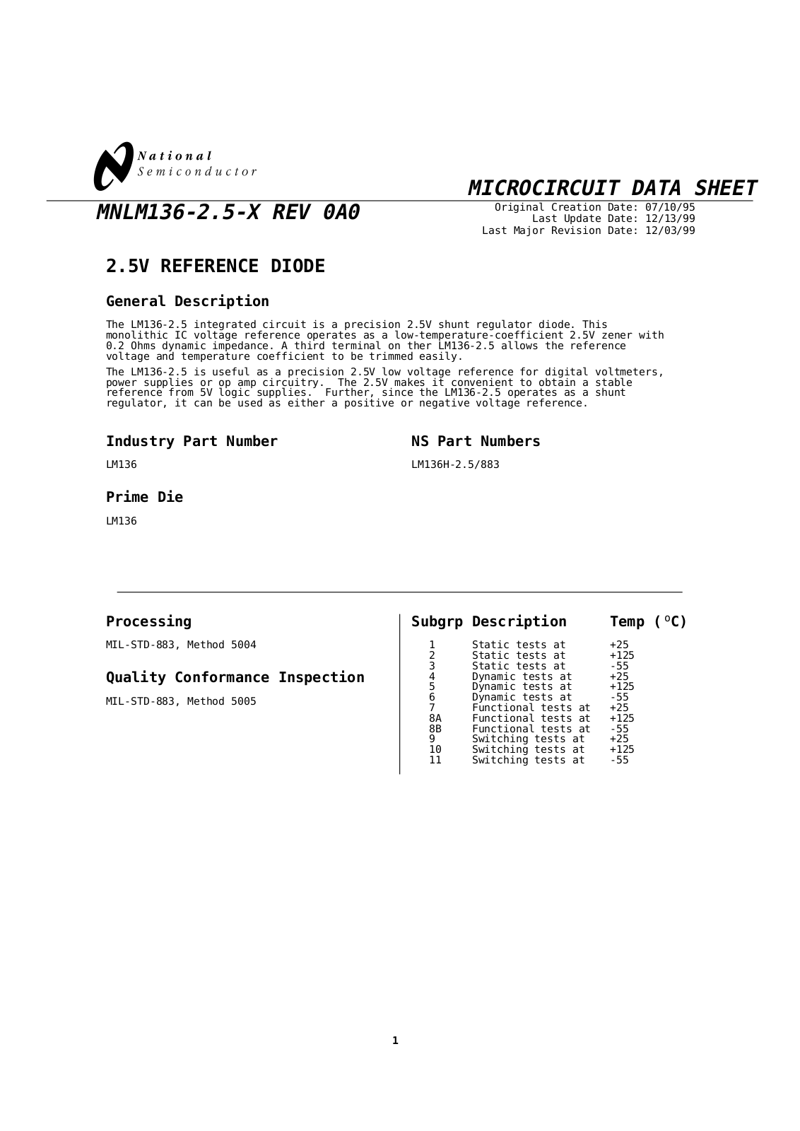 NSC LM136H-2.5-883, LM136H-2.5, LM136AH-5.0-MLS Datasheet