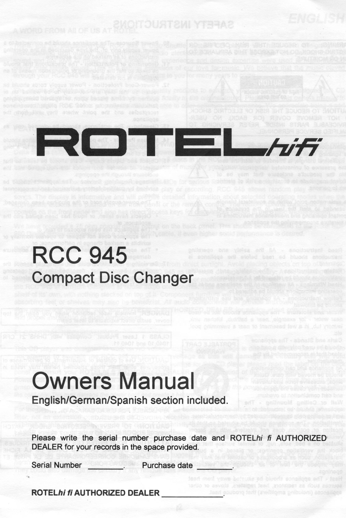 Rotel RCC-945 Owners manual