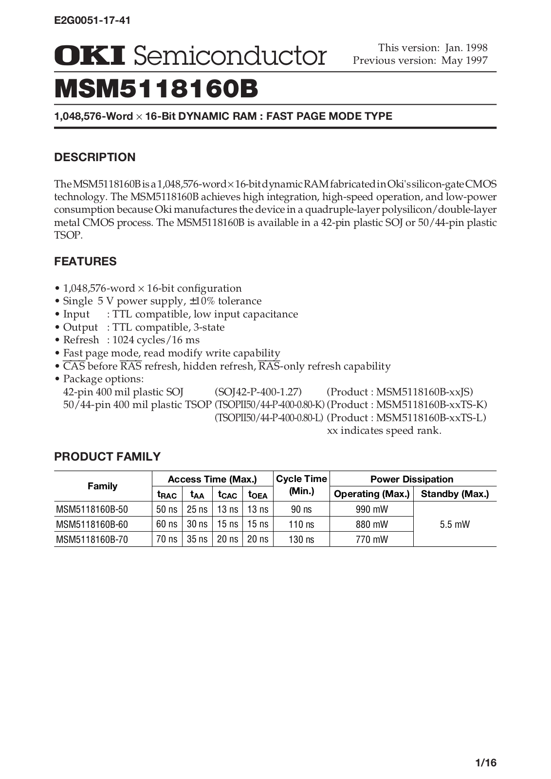 OKI MSM5118160B-60JS, MSM5118160B-60TS-K, MSM5118160B-60TS-L, MSM5118160B-50JS, MSM5118160B-50TS-K Datasheet