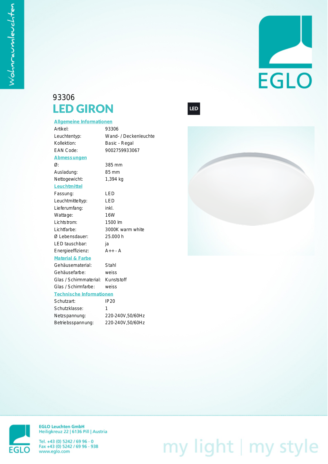 Eglo 93306 Technical data