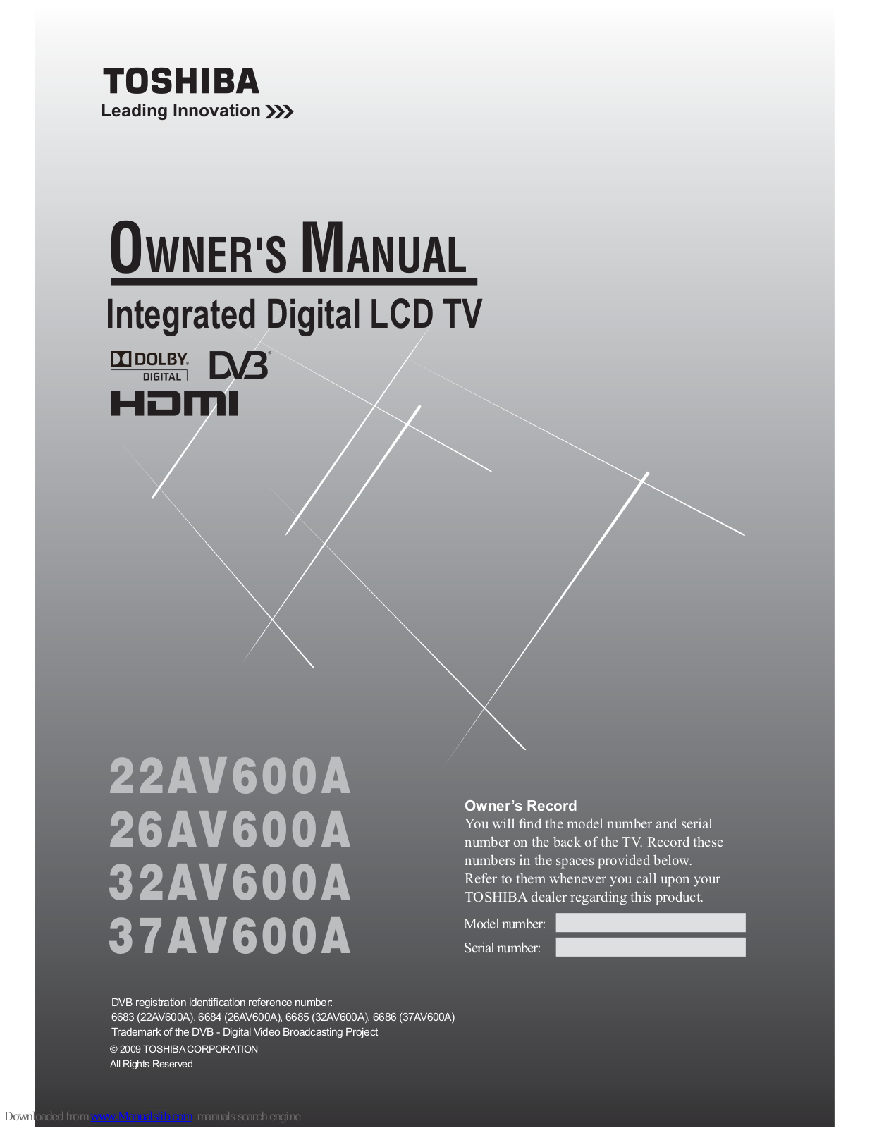 Toshiba 22AV600A, 26AV600A, 32AV600A, 37AV600A Owner's Manual