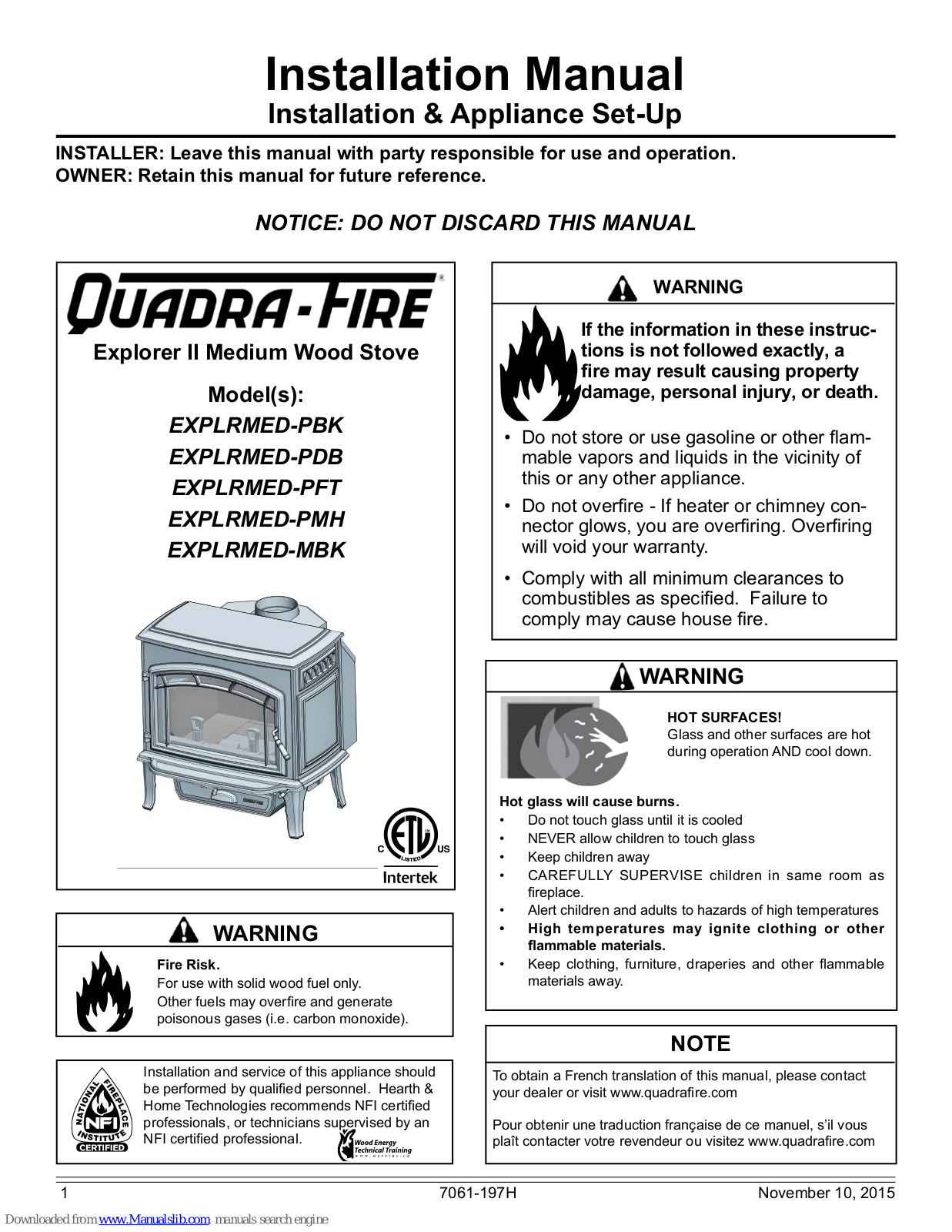 Quadra-Fire XPLRMED-PBK, EXPLRMED-PDB, EXPLRMED-PMH, EXPLRMED-MBK, EXPLRMED-PFT Installation Manual